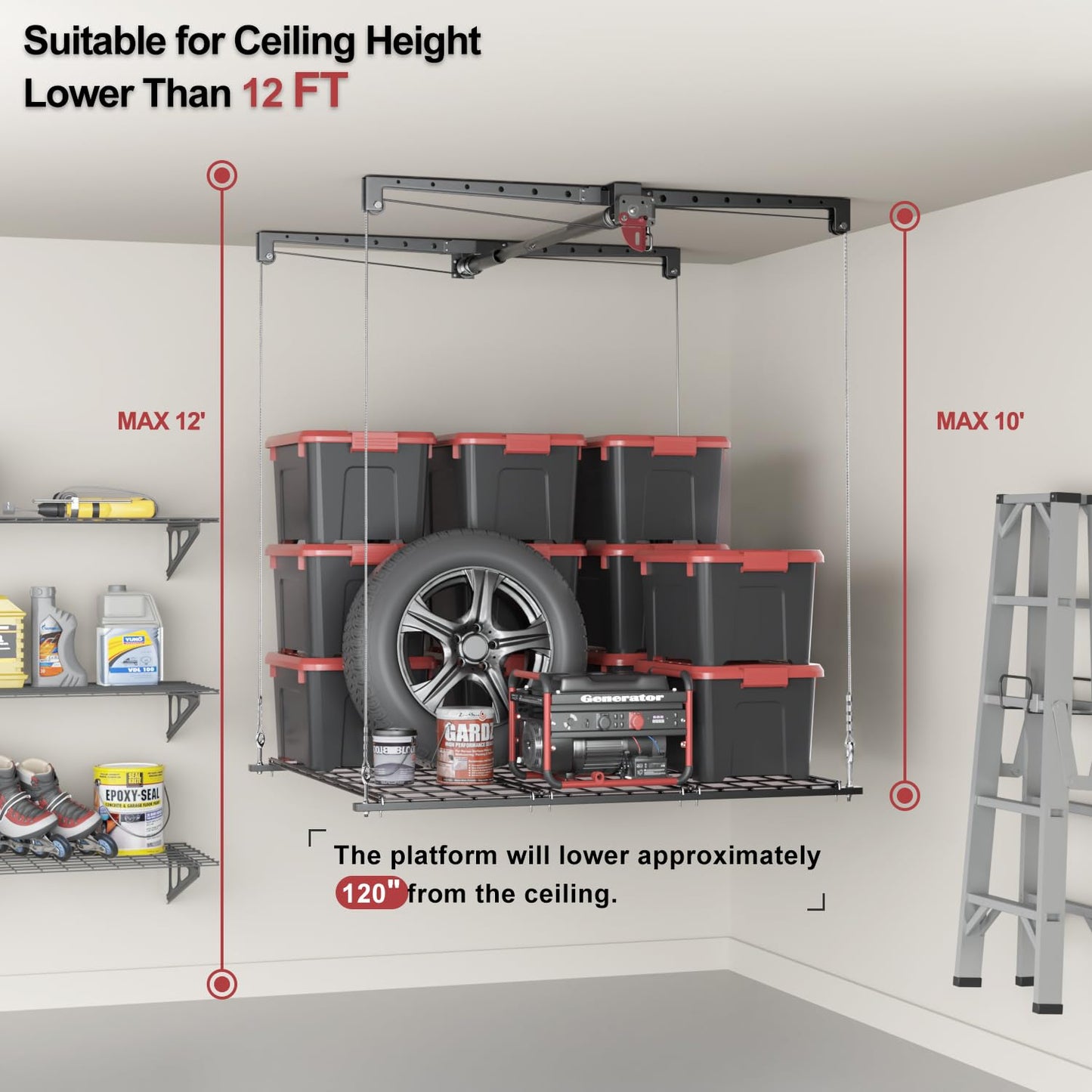 Overhead Garage Storage Rack, Heavy-duty 4x4 Ft Ceiling Storage Racks with Safety Lock, Ideal for Garage Storage Mounted Lift System and Storage Organizer, 250lbs Capacity, Black (10-12 ft Ceiling)