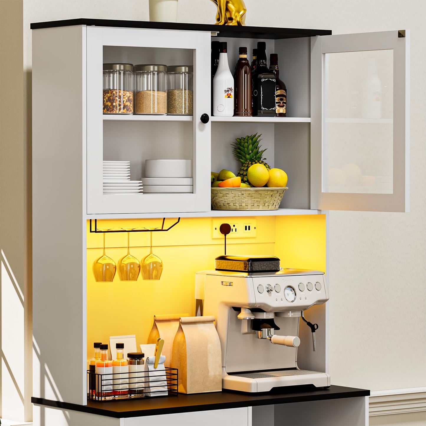 Frmobepts 71‘’Kitchen Pantry Storage Cabinet with LED Lights and Power Outlet, Tall Farmhouse Kitchen Hutch with Microwave Stand,Globet Hooks and Adjustable Shelf for Dining Living Room,White