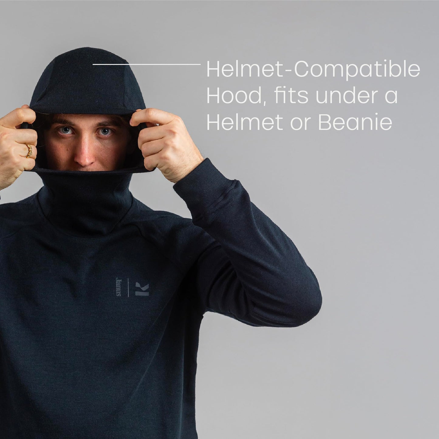 Janus Wool Kleveland Merino Base Layer - 100% Wool Fleece Hooded Sweatshirt - Men, Women, Teens - Winter Snowboarding Pullover - Brushed Interior - Under Helmet Warmth & Protection - Large Blue