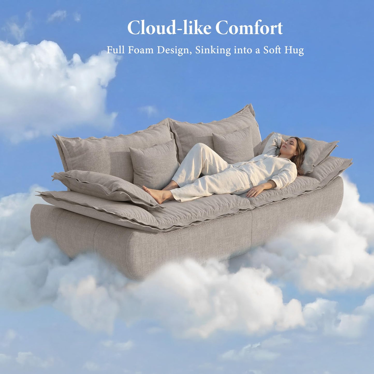 Vesgantti 86.6" Cloud Couch for Living Room, Modern 3 Seater Sailboat Sofa with Deep Seat, Comfy Chenille Upholstered Boneless Couch with Curved Armrest, No Assembly Required, Light Grey