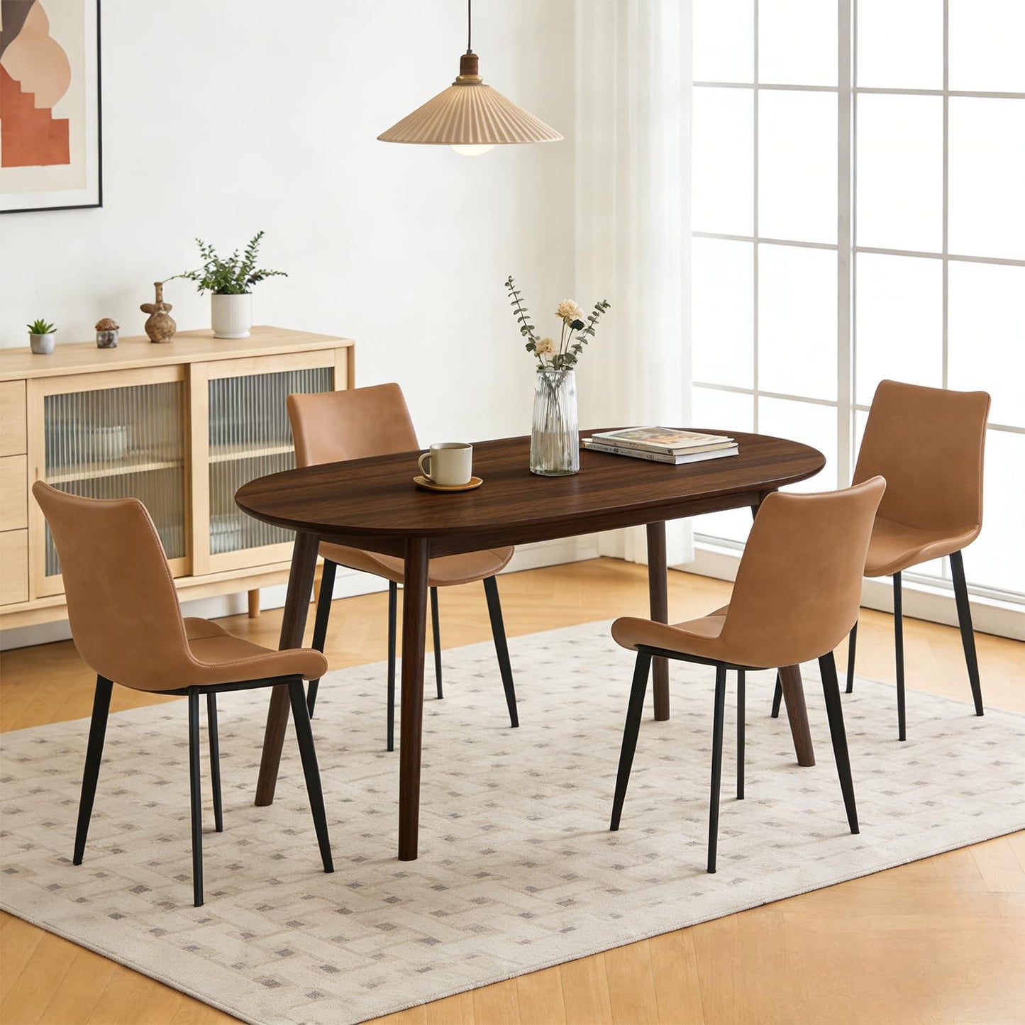 domusdisn 63" Oval Dining Table Set for 4, 5 Piece Modern Dining Table Set for Kitchen and Dining Room Furniture, Solid Wood Legs Dining Table with 4 PU Leather Chairs（Walnut Table+4 Brown Chairs