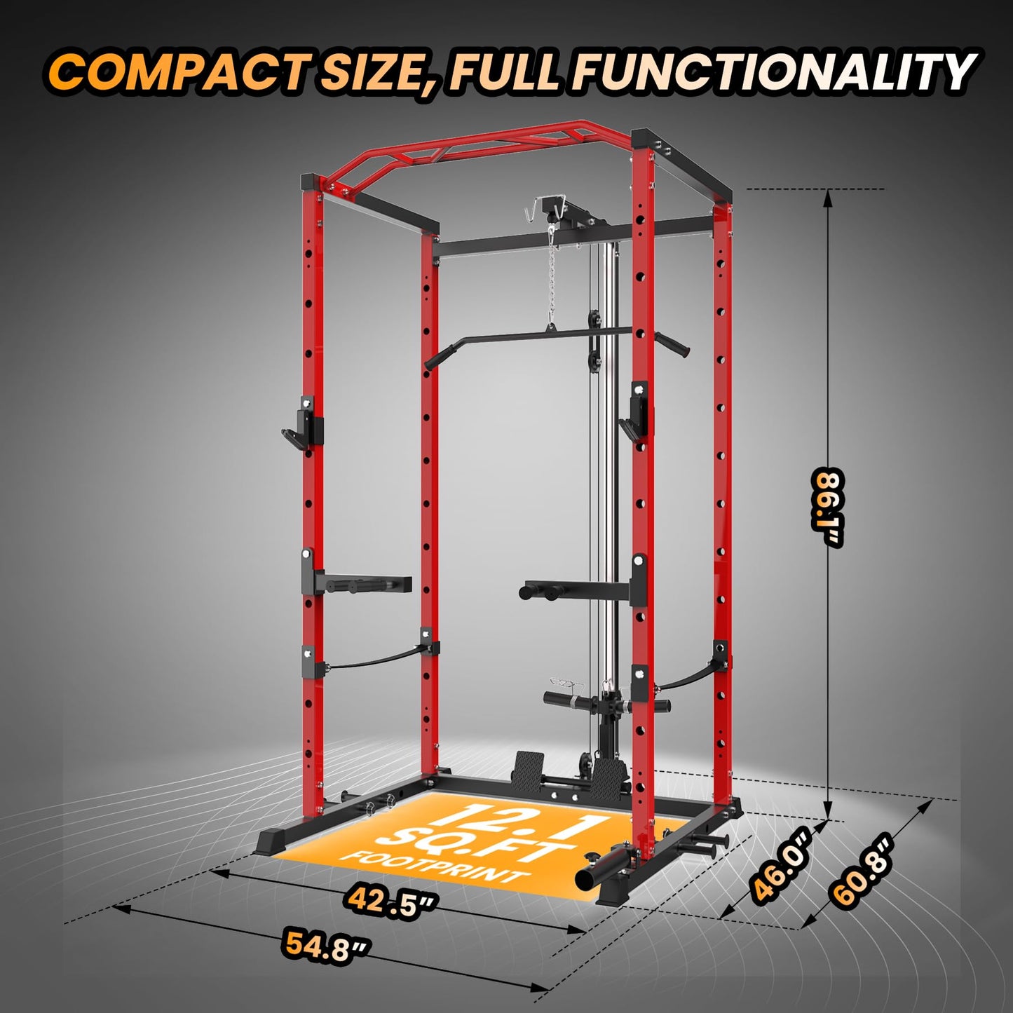 Power Cage with LAT Pulldown Machine - Squat Rack for Home Gym, Multi-Functional Weight Cage with Cable Pulley System, Dip Bars & Landmine Attachment