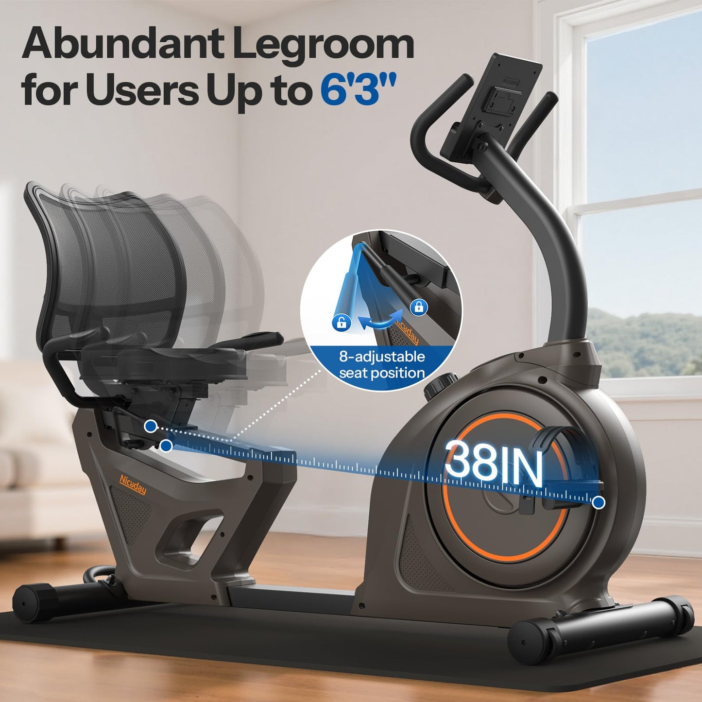 Niceday Recumbent Exercise Bike, Recumbent Bike for Home, Recumbent Stationary Bike 400LBS Weight Capacity, Magnetic Recumbent Bike with Smart APP, LCD Monitor, Heart Rate Handle