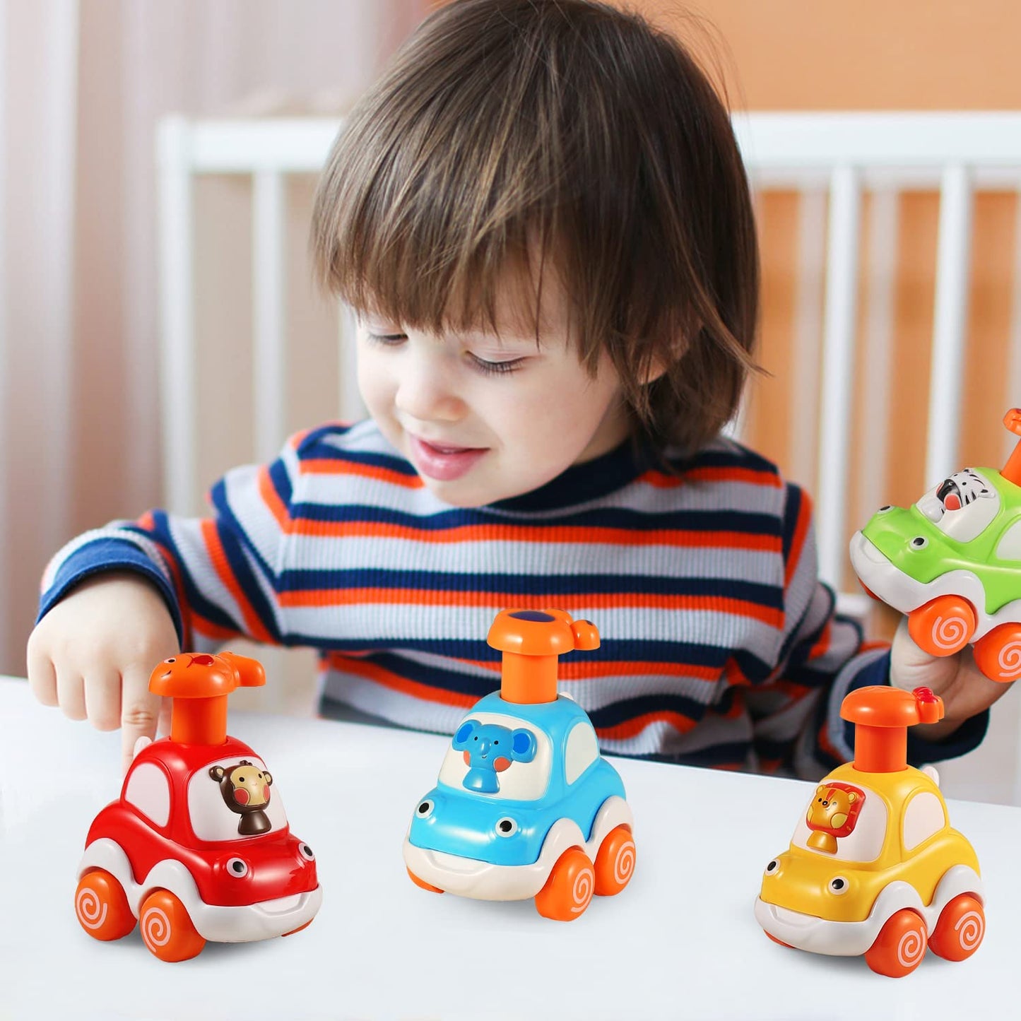 ALASOU 4 PCS Animal car Toys and 3 PCS Suction Cup Rotating Toys for Infant and Toddlers