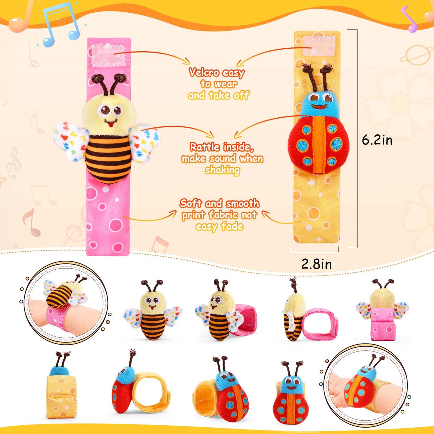 Wrist Rattle Foot Finder Socks Set for Baby Arm Hand Rattle Feet Leg Ankle Socks Newborn Soft Sensory Toys Baby Socks Newborn Rattles Toys Easter Gifts 0-3 6-12 Months Infant Girl Boy