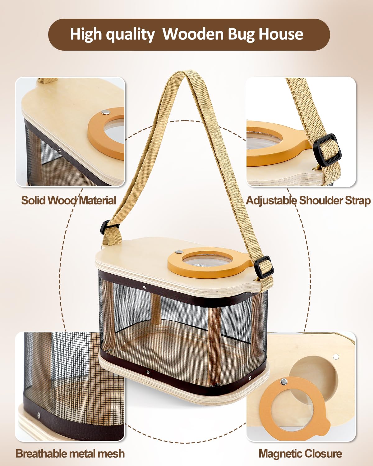 Wooden Bug Catcher Kit for Kids, Outdoor Explorer Nature Discovery Set with Butterfly Net, Bug Habitat & Magnifying Glass, Backyard Camping Outdoor Toys, Ages 3–12, Also Suitable for Toddlers