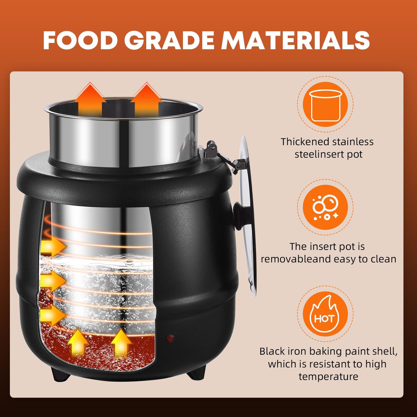 Commercial Soup Warmers Soup Kettle with Stainless Steel Hinged Lid and Detachable Insert Pot for Restaurants and Party, Home, Catering