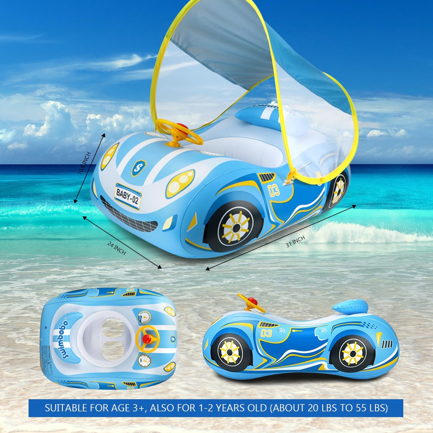 Baby Pool Float with Canopy, PVC Baby Swim Float with Sun Shade Cover, 3D Car Toddler Pool Float Swimming Floats Seat Boat for 12-18, 12-24 Months, Age 2-3, 3+ Years (Blue Canopy)