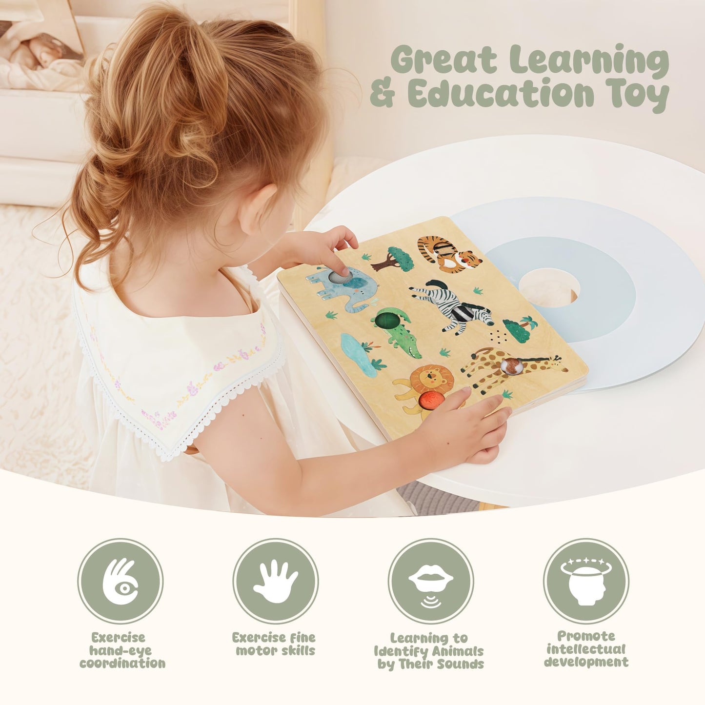 Freniland Press-to-Play Wild Animal Sound Puzzle for Toddlers, Wooden Safari Sound Board with Push Buttons, Montessori Learning Toy for 18M+