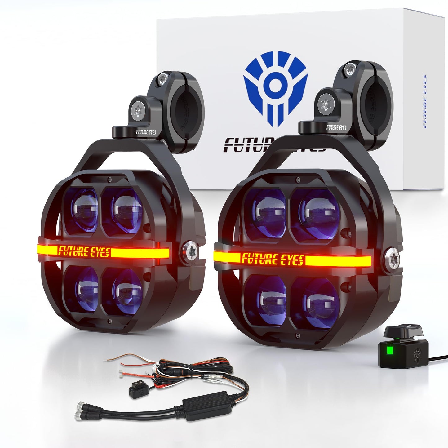 Future Eyes Motorcycle Driving Lights – 180W LED Fog Lights with Amber & White Beams, Waterproof Auxiliary Spotlights with DRL, Strobe, Signal, for Night Riding Off-Road UTV ATV