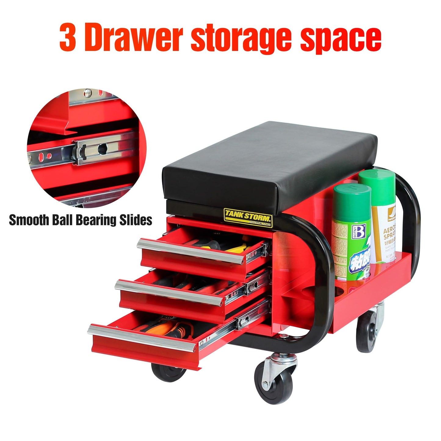 TANKSTORM Tool Box Built-in Creeper Seat, Garage Shop Roller Seat, 3 Drawers Heavy Duty Tool Chest with 4 Rolling Casters-350 Lbs Capacity