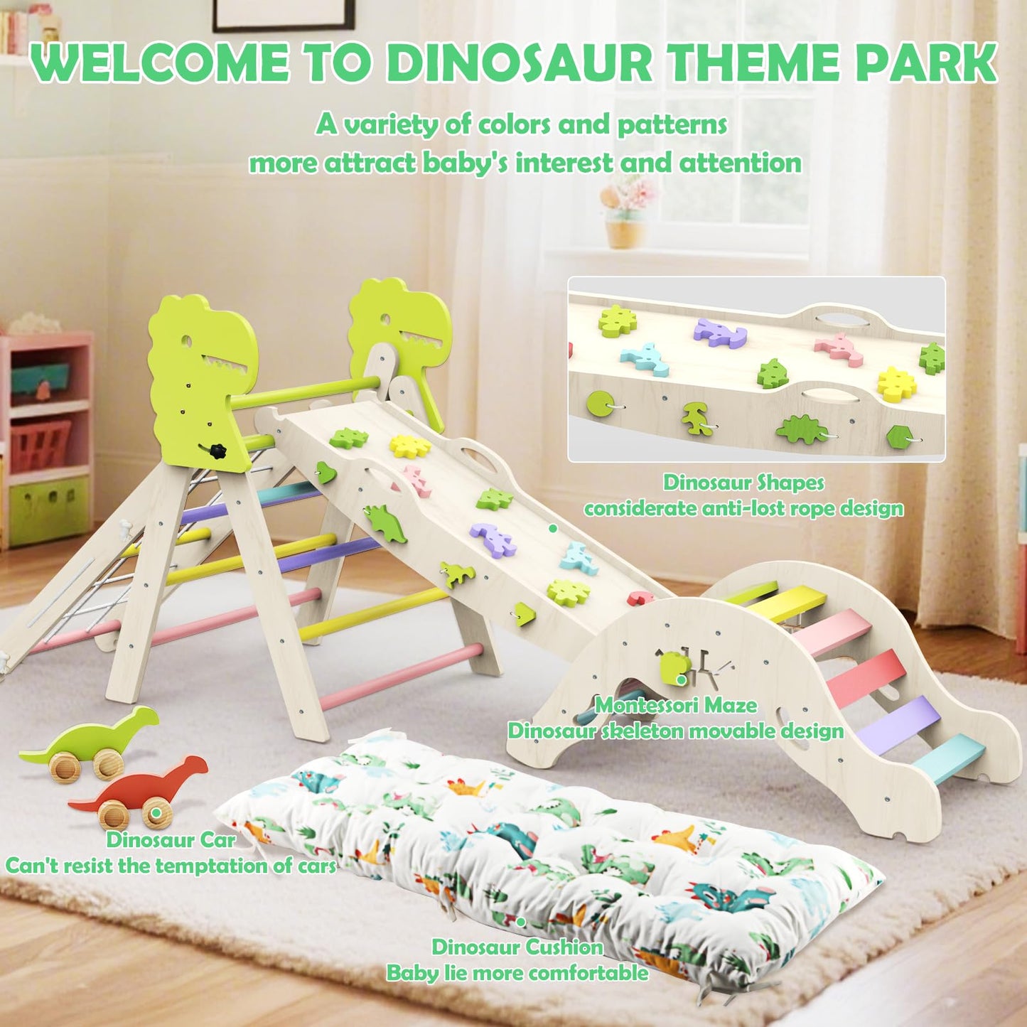 Jasite Pikler Triangle Set with Cushion, 12 in 1 Toddler Montessori Toys Indoor Baby Climbing Gym Pikler Triangle Climbing Set Wooden Toy Climbing Rope Ladder, Shape Sorter, Push Car 【Dinosaur Toys】