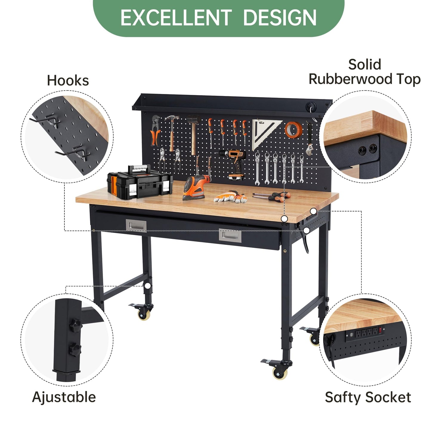 48'' Adjustable Workbench on Wheels, 2000LBS Heavy Duty Worktable with Power Outlets & Drawers & Pegboard, Rubberwood Workstation for Workshop, Garage, Office, Home