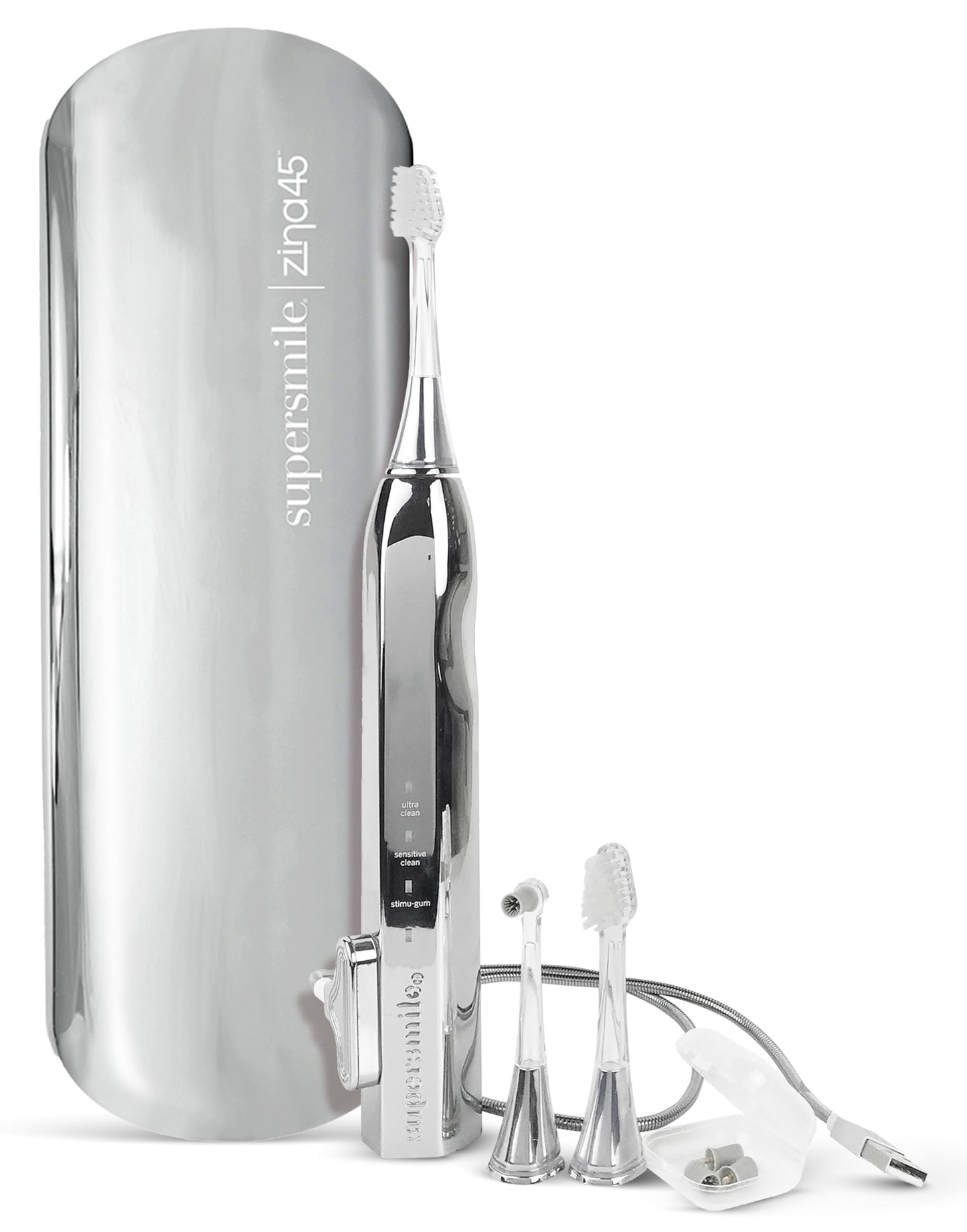 Supersmile Zina45™ Deluxe Sonic Pulse Toothbrush – Rechargeable Electric Brush with Angled Head & Travel Case – for Whiter Teeth and Healthier Gums, Silver