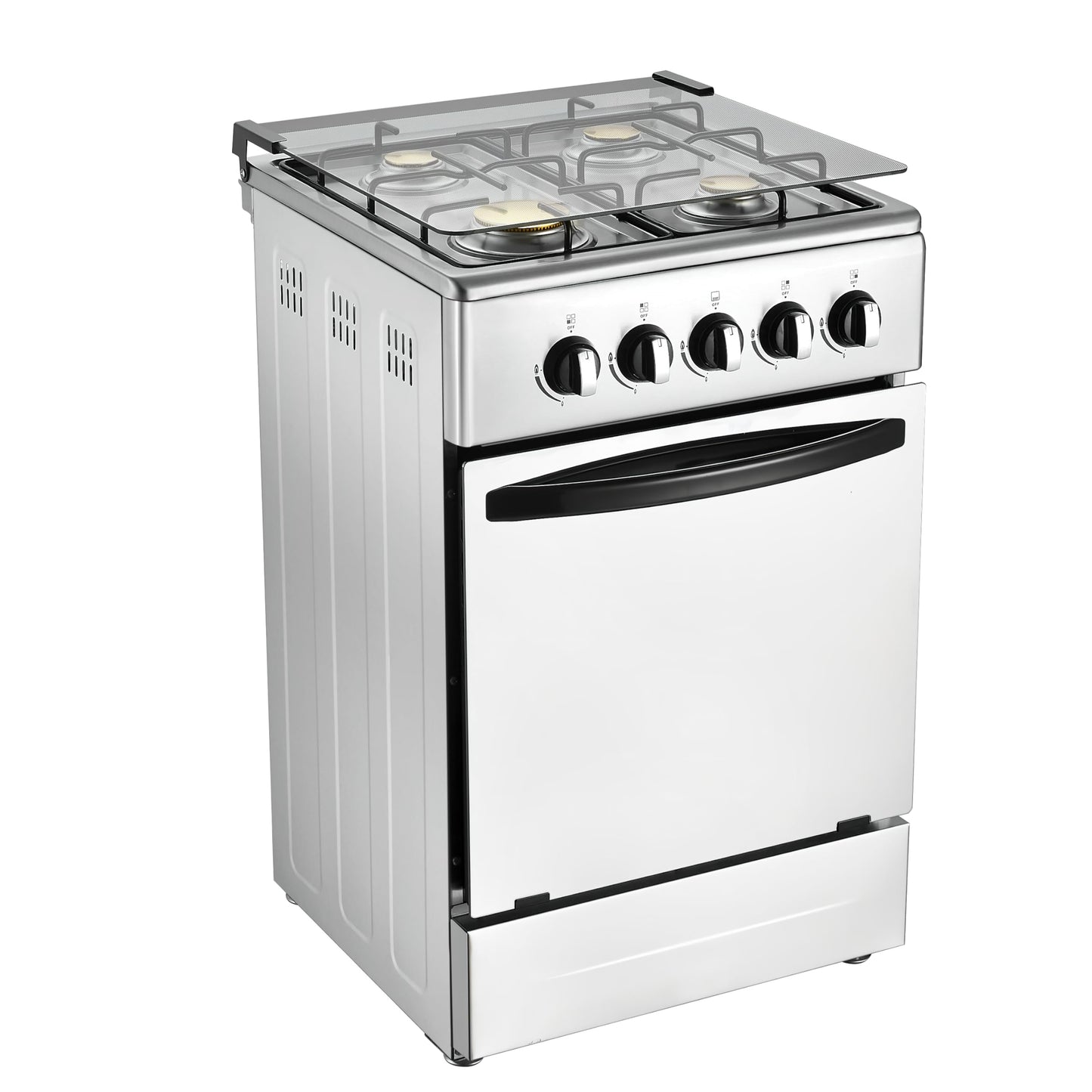 20-Inch Gas Range with 4 Burners, 68L Rotary Baking Oven, Stainless Steel Body, Double Layer Tempered Glass Door (NG-LPG Conversion Kit)