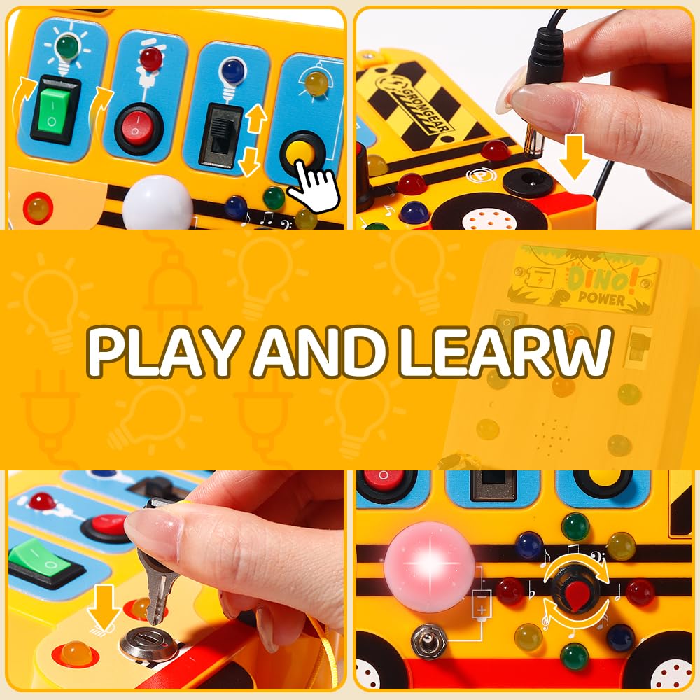 Montessori Board Sensory Toys for Children with LED Light switches, School Bus Shape，Baby fidgeting Board Travel Toys for More Than 18 Months, 18M+Boys and Girls Toddler Toys Gifts,Switch Toy