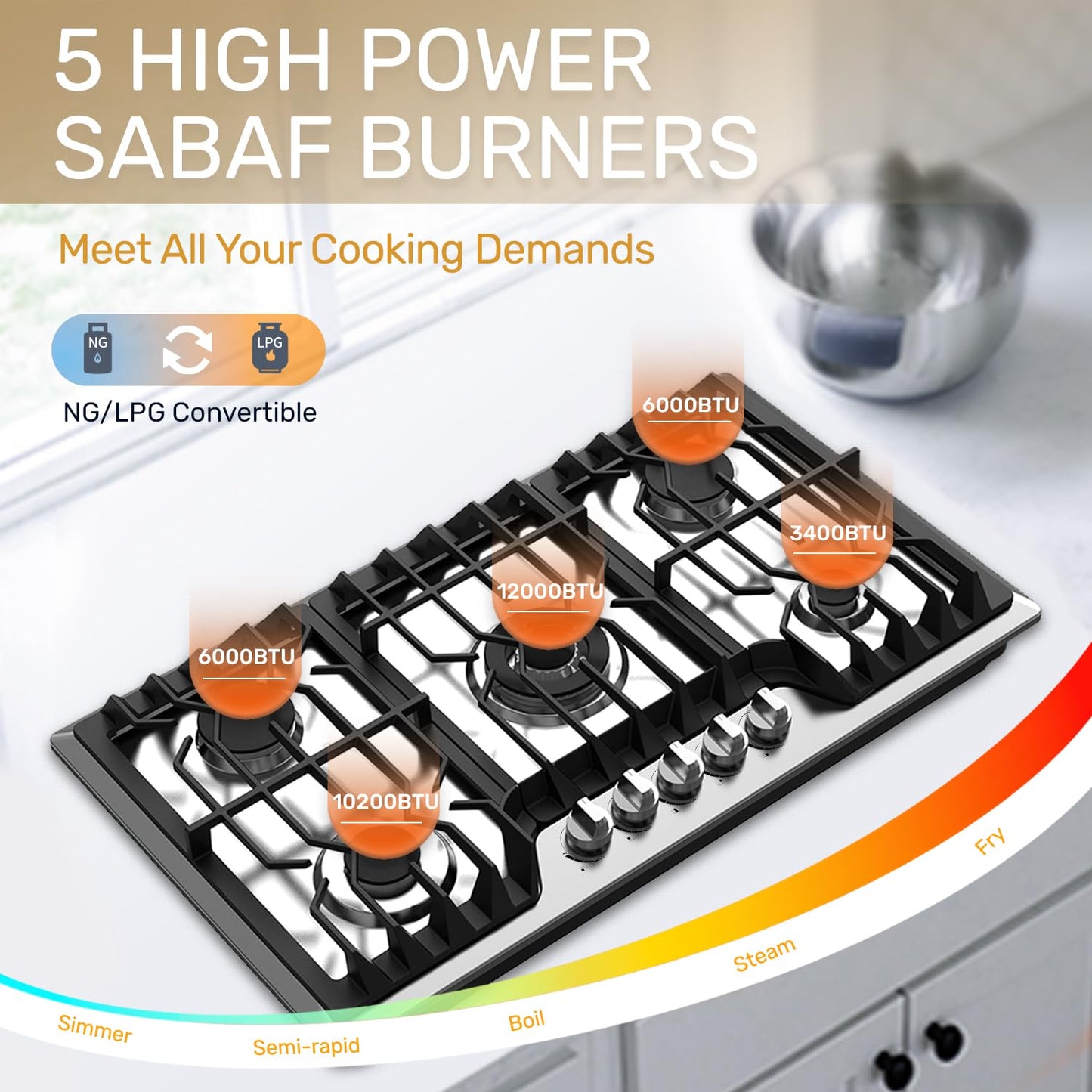 TOPWISH 36 Inch Gas Cooktop, Propane Stove Top with 5 ITALY SABAF Sealed Burners 41,800BTU, NG/LPG Convertible Built-in Stainless Steel Stovetop with Thermocouple Protection for Rvs Kitchen Outdoor