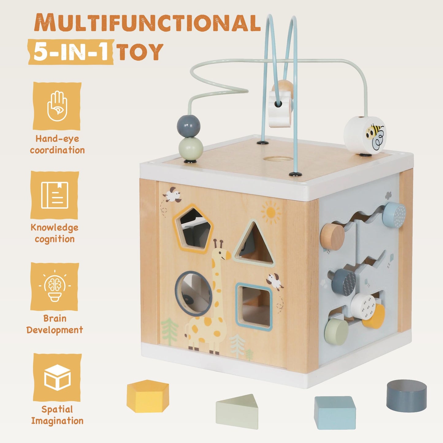 touch us Wooden Activity Cube, 6-in-1 Montessori Toys for 1+ Year Old Boys & Girls, Educational Learning Toys for 1 2 3 Year Old Baby|Bead Maze|Shape Sorter|Mirror|Gear