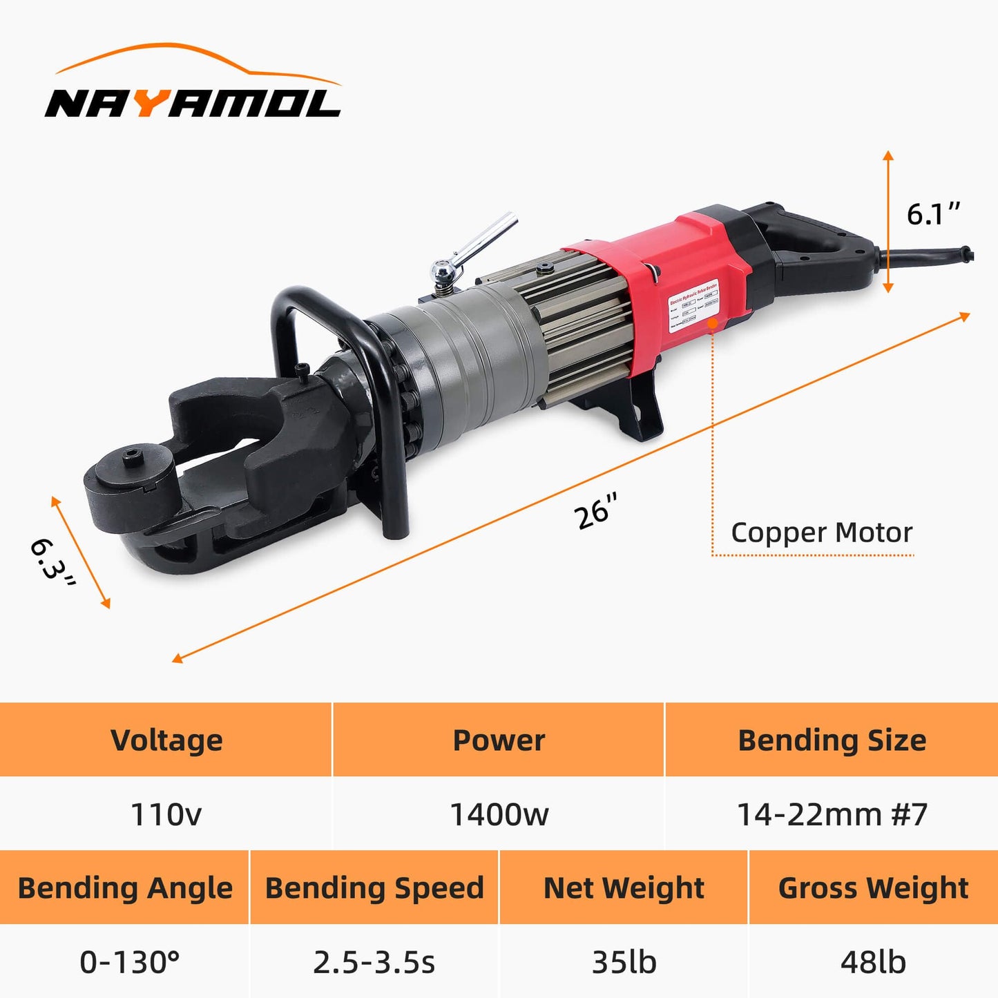 NAYAMOL 1400W Hydraulic Rebar Bender 14–22mm, 110V Electric Rebar Bending Machine, 0–130° Adjustable Angle, Fast 2.5–3.5s Operation, Portable Tool with Pure Copper Motor
