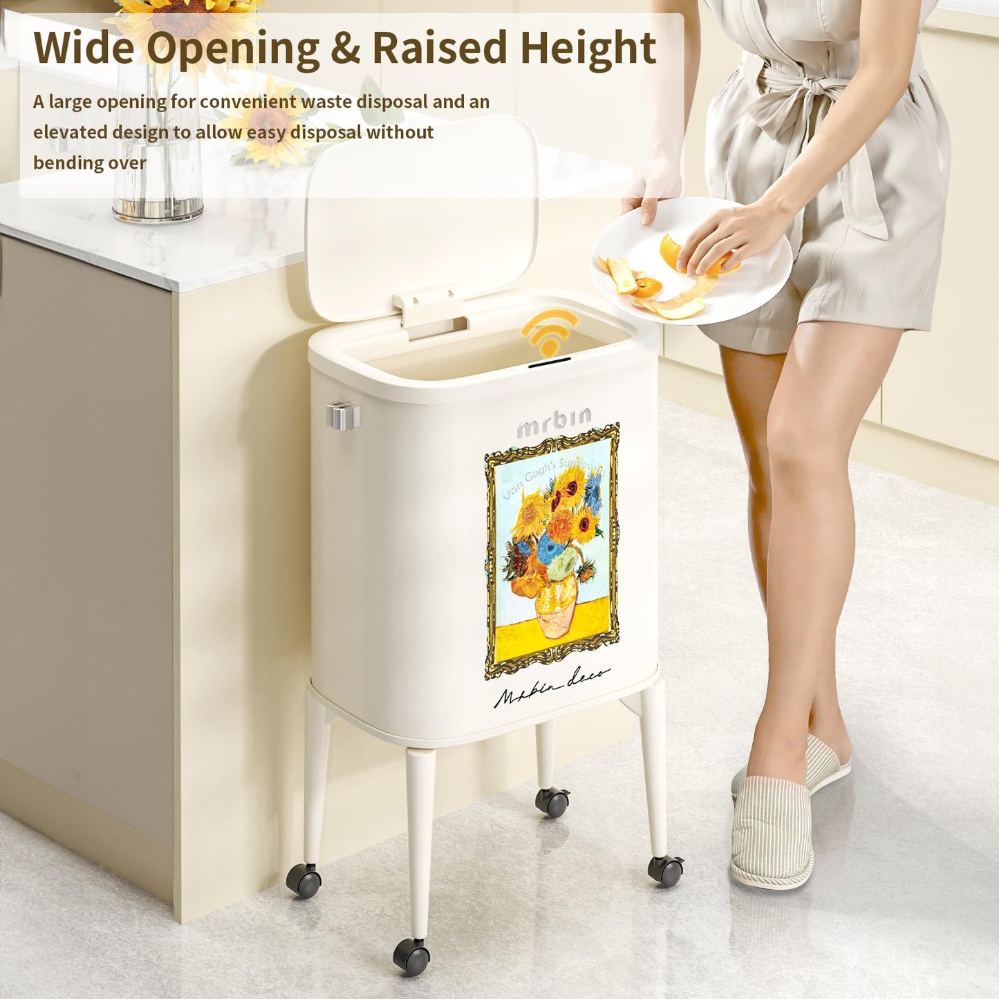 MRBIN Metal Motion Sensor Kitchen Trash Can with Wheel Legs, 36L / 9.5gal Medium Press Lid Slim Waste Basket, Pet Proof Tall Narrow Garbage Pail for Vanity, Bedroom, Bathroom, Living Room, Sunflower
