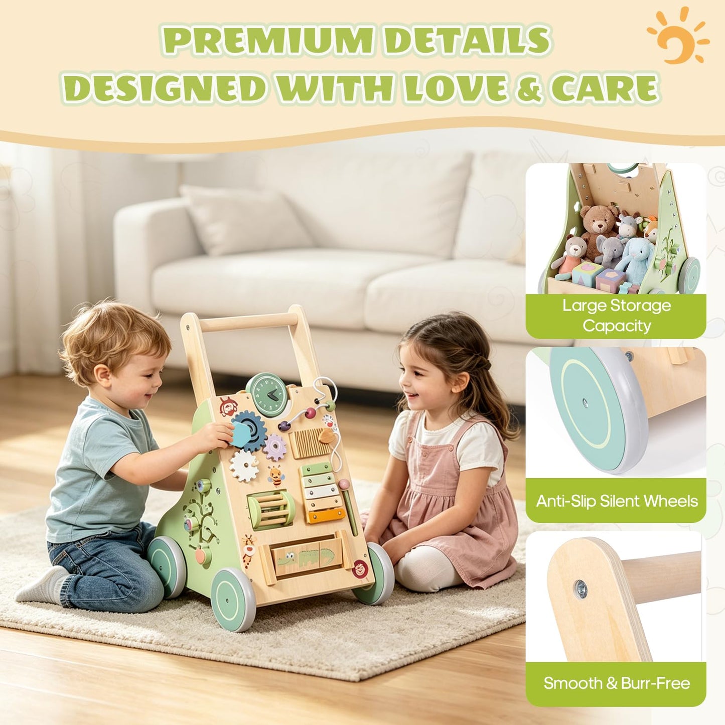 Brownroot Wooden Baby Walker with 10-in-1 Activity Center, Montessori Toddler Push Toy with Xylophone, Shape Sorter & Gears, Early Educational Learning Toy for 1+ Year Old Boys & Girls