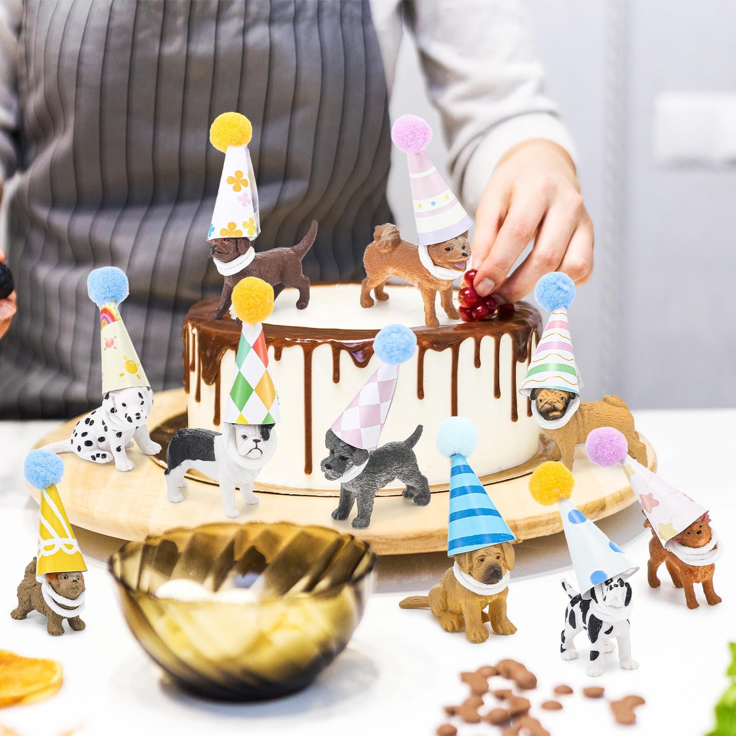 Simgoing 36 Pcs Mini Dog Birthday Party Decorations Mini Birthday Hat with Pom Poms Puppy Figure Model Cake Toppers with Hat for Dog Lovers Animals Themed Party