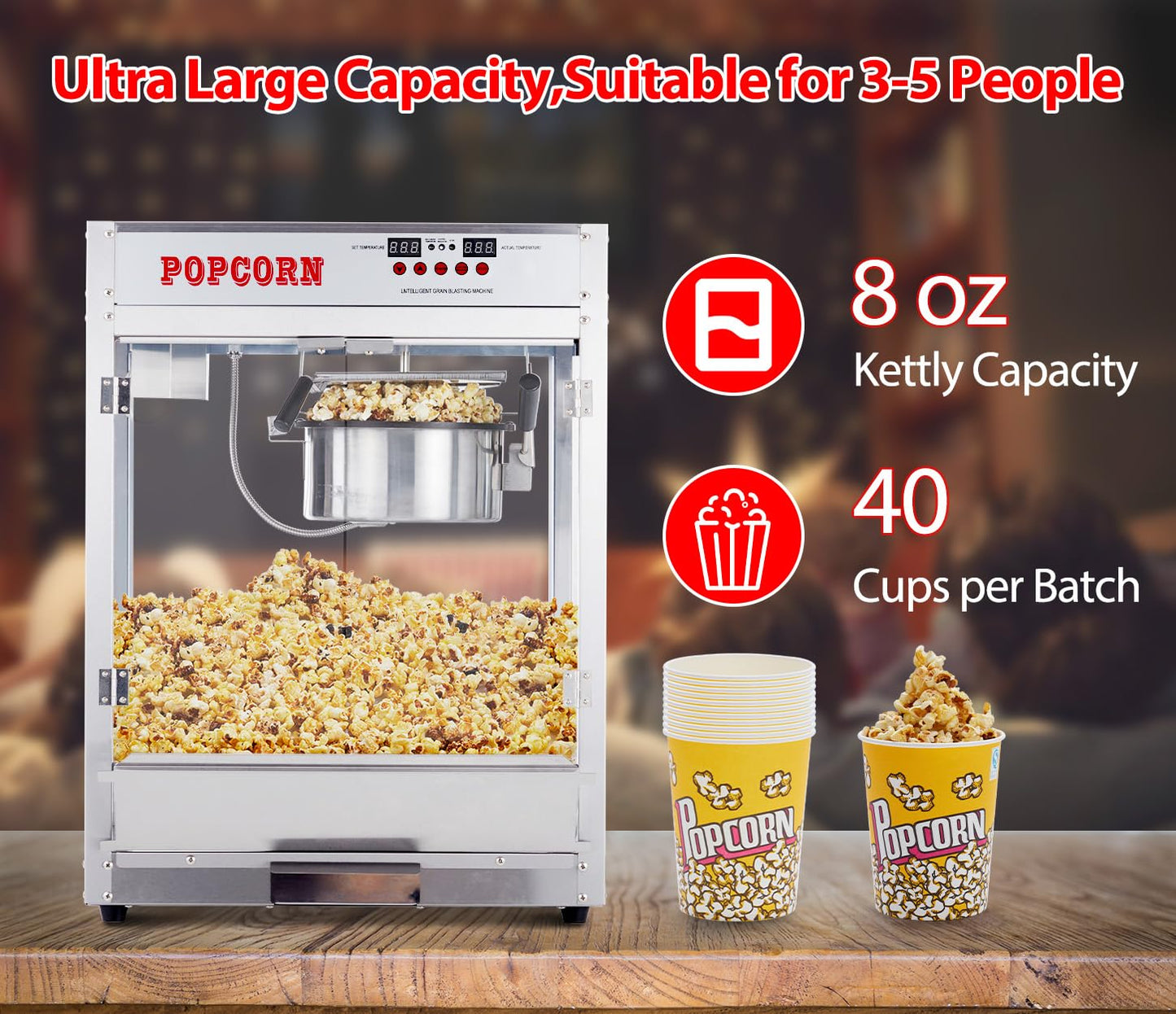 RIEDHOFF 8 OZ Popcorn Machine, [3 Mins Get 40 Cups] [Temperature Control] [Digital Display] Popcorn Maker Machine with 10 Pcs Popcorn Buckets, Old Fashion Movie Theater Style- Sliver