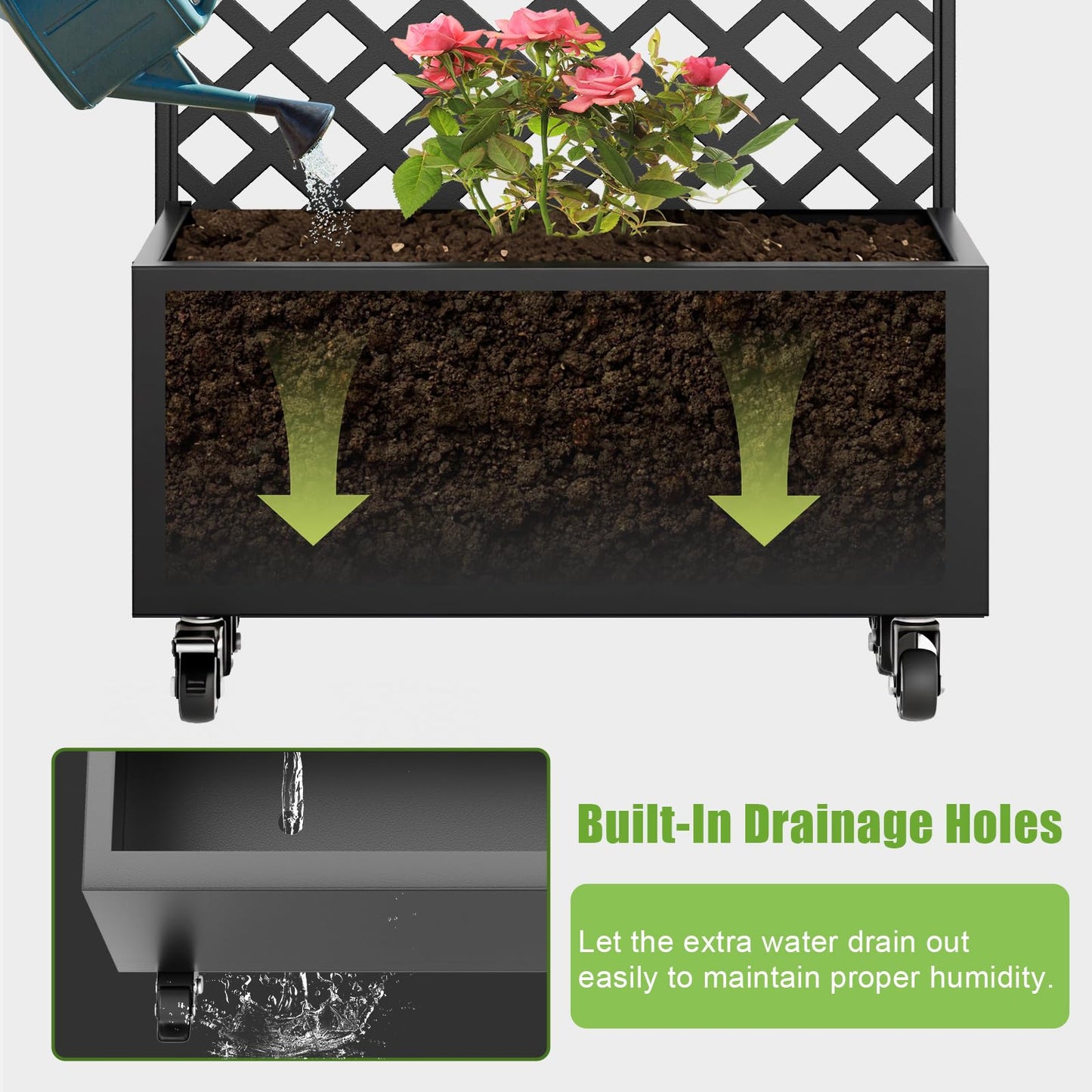 Luzfuego 72" Metal Planter Box with Trellis, Tall Outdoor Planter Box, Raised Garden Bed on Wheels for Climbing Plants, Outdoor Flower Planter with Drainage & Lockable Casters