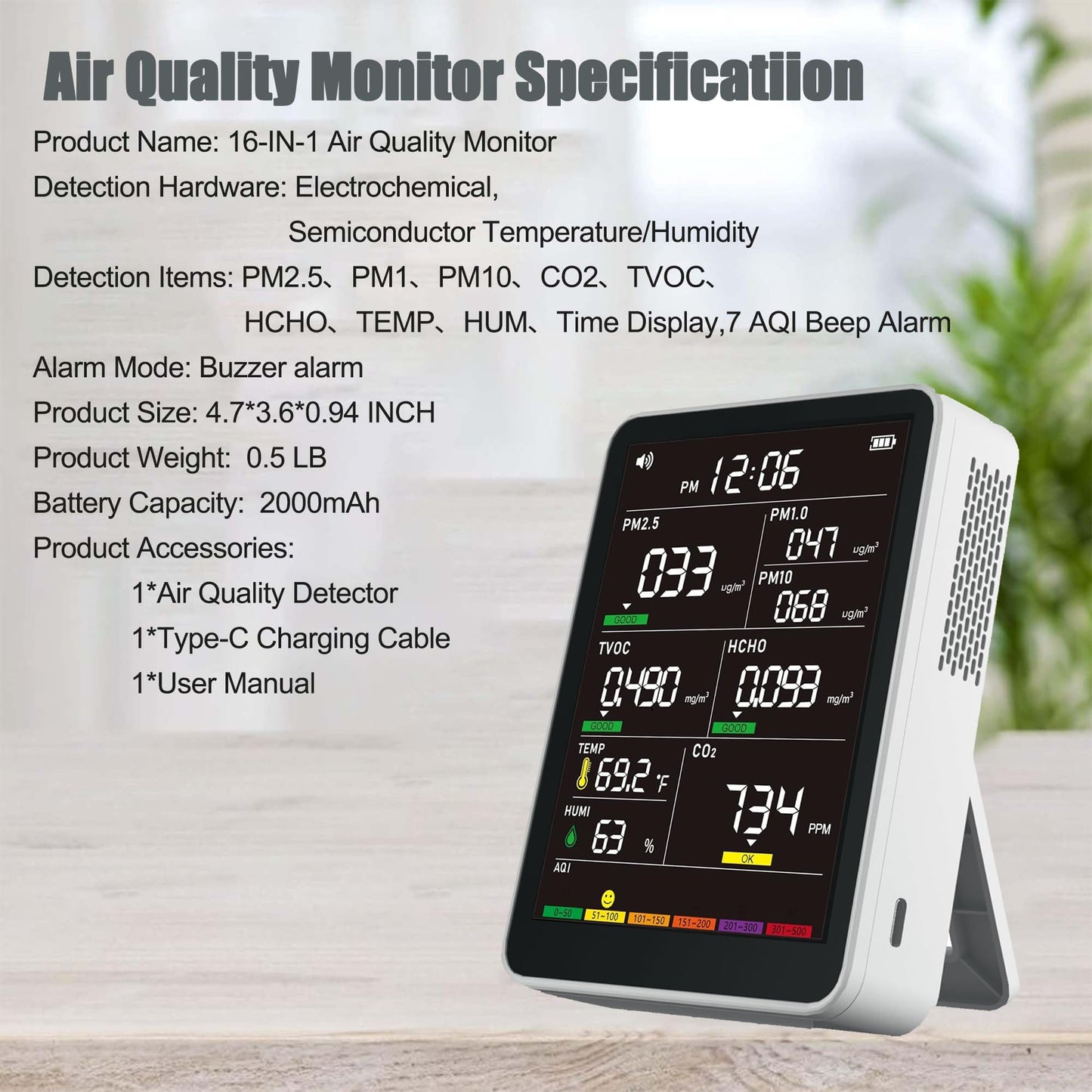 Professional Indoor Air Quality Monitor with AQI Alarms, Portable Real-Time Detector for Home Cars Plants and Pets (Cold White)