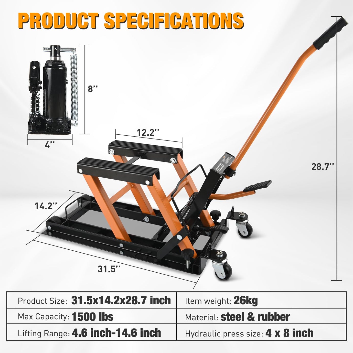 Nilight Motorcycle Lift Jack 1500 LBS Hydraulic Lifts ATV Scissor Jacks with Wheel Foot Pedal Handle Ratchet Belt Heavy Duty Lifter Stand Hoist Table for Dirt Bike Garage Storage Repair Tool,Orange