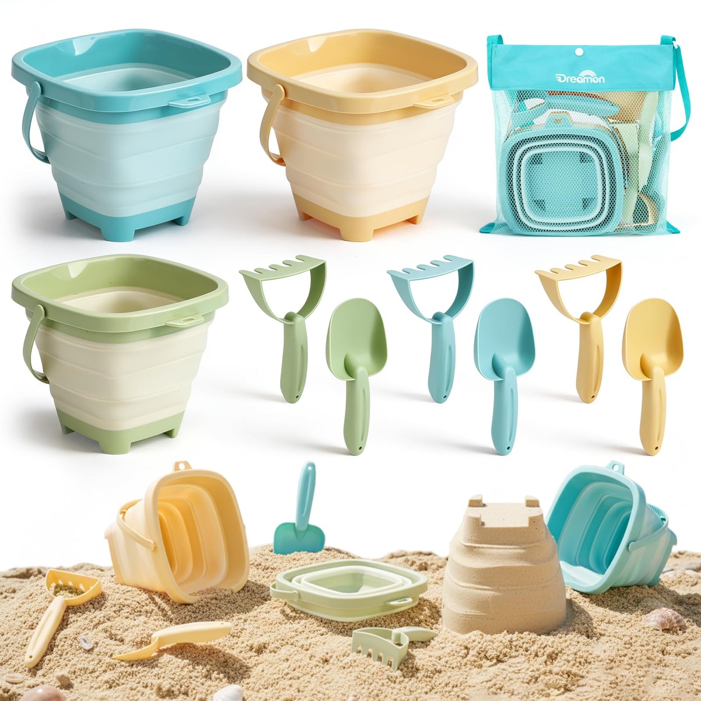 Dreamon Beach Toys, 3 Pack Collapsible Sand Buckets for Kids, Shovels & Rakes Set with Mesh Bag, Kids Beach Essentials Sandcastle Building Kit for Beach Trip Outdoor Play and Summer Fun
