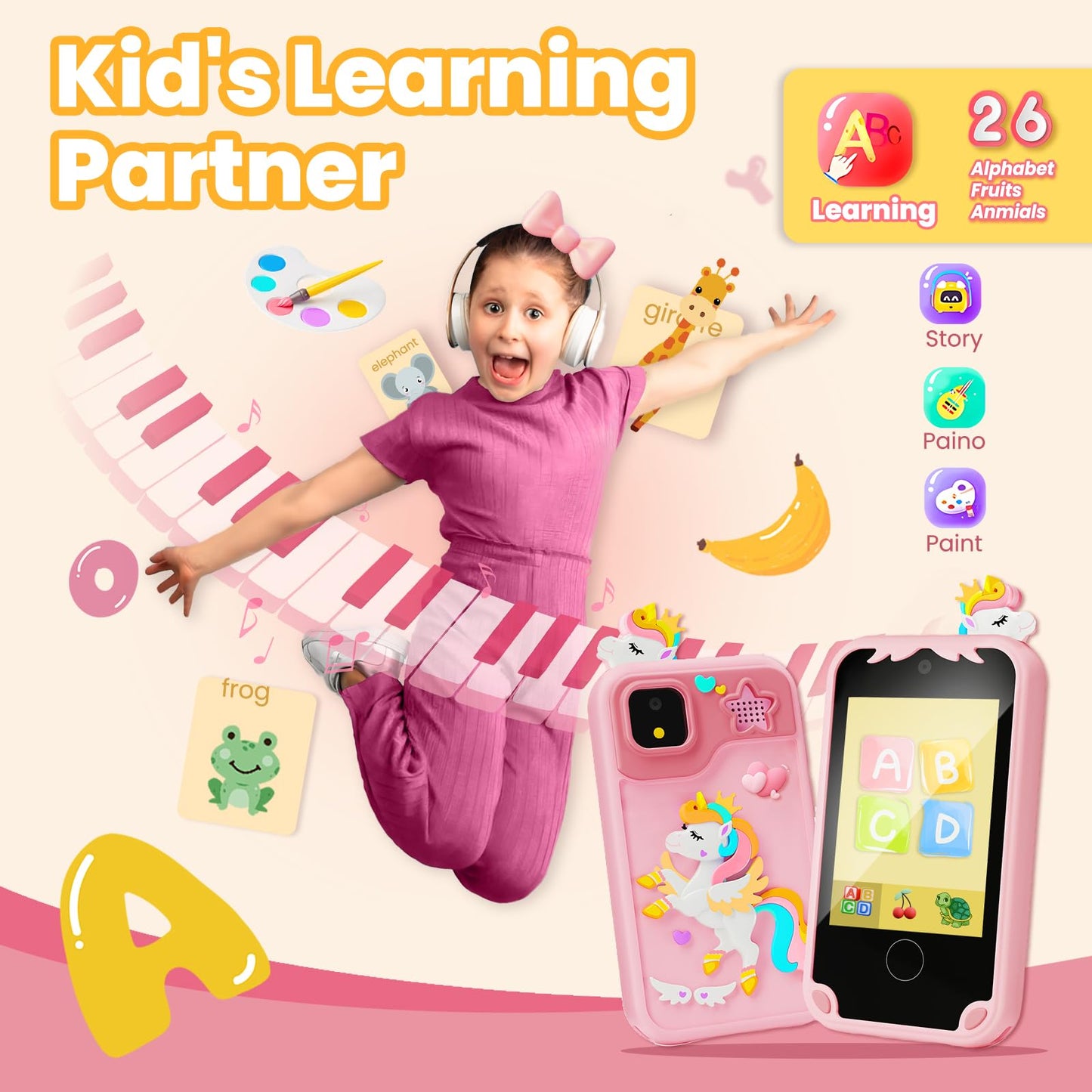 Kids Phone for Girl Toys, Christmas Birthday Gifts for Age 3-10 Year Old Girls Boys Toys, Kids Toddler Smart Phone, Detective Educational Learning Toys with 2.8" Touchscreen, Music Video Game (Pink)