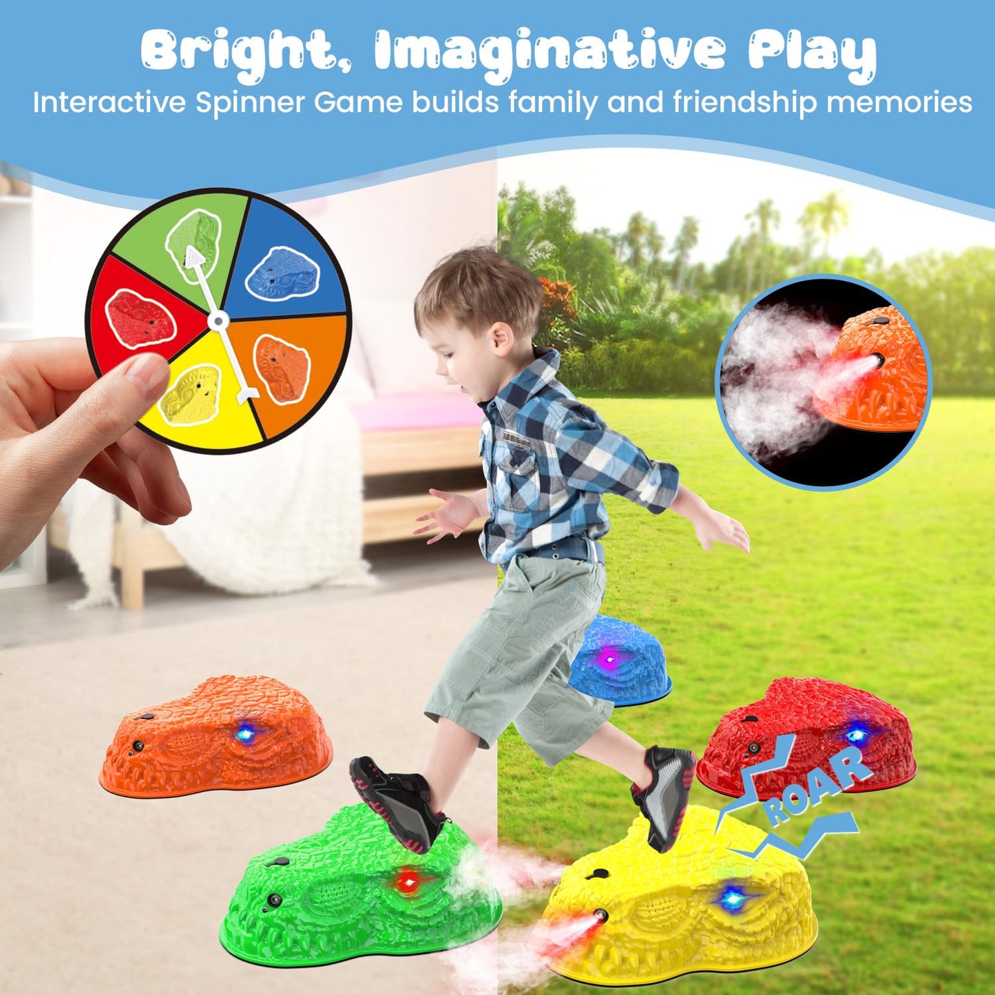 Dinosaur Toys for Kids 3-5, Mist Spraying Dino Roaring & Light up Stepping Stones for Kids, Indoor & Outdoor Durable Non-Slip Sensory Balance Stones with 5 Rechargeable Batteries, Great Toddlers Gift