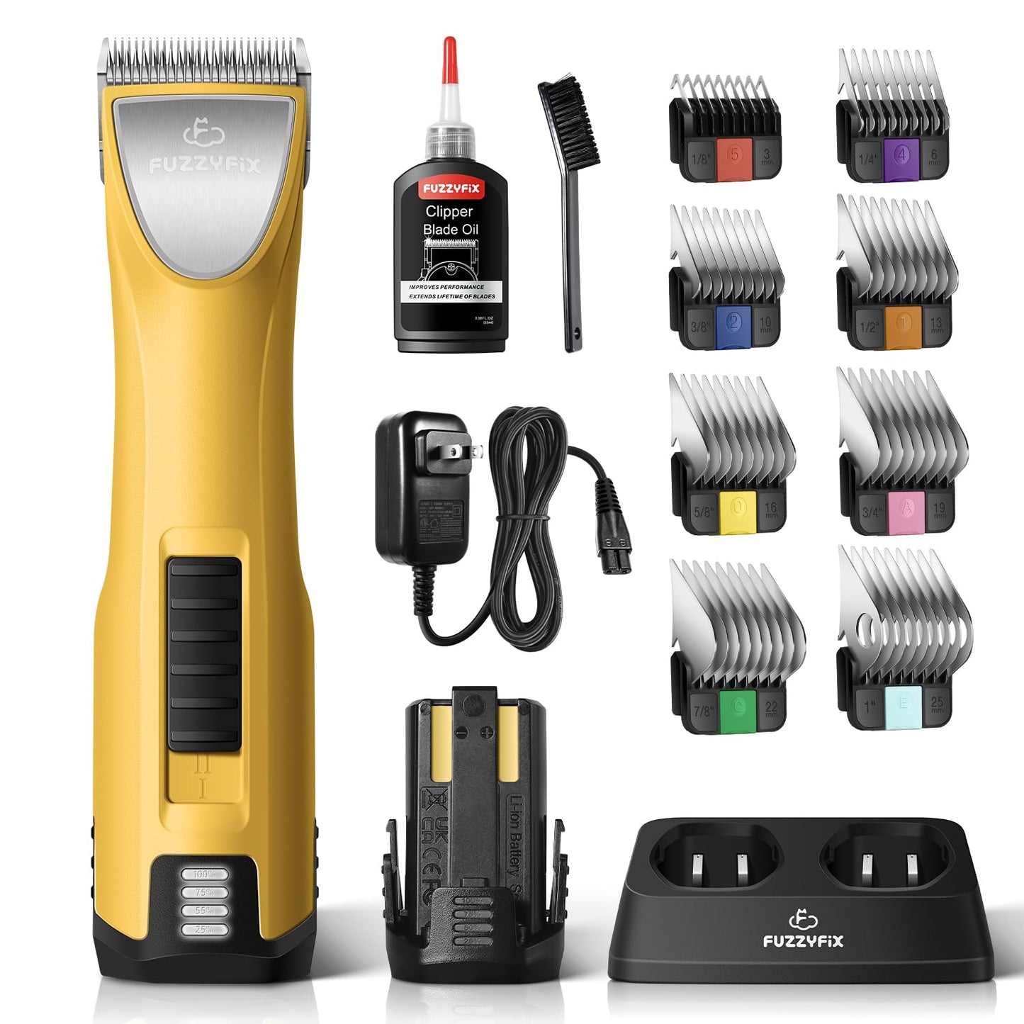 FuzzyFix Professional Dog Clippers for Grooming with Charging Replacement, Low Noise Pet Grooming Kit for Thick Curly Matted Heavy Coats Cordless Hair Trimmer with 8 Metal Guide Combs for Animal Horse