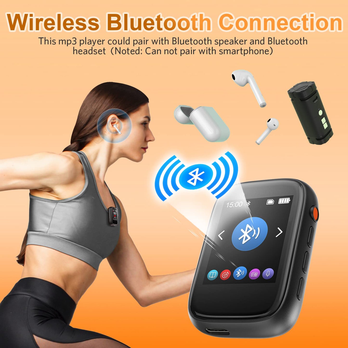 Portable Kids MP3 Player with Sports Clip, Small Music Player with Bluetooth 5.3, Touch Screen, Built-in Speaker, Voice Recorder, FM Radio, Expandable Storage up to 512GB(Black)