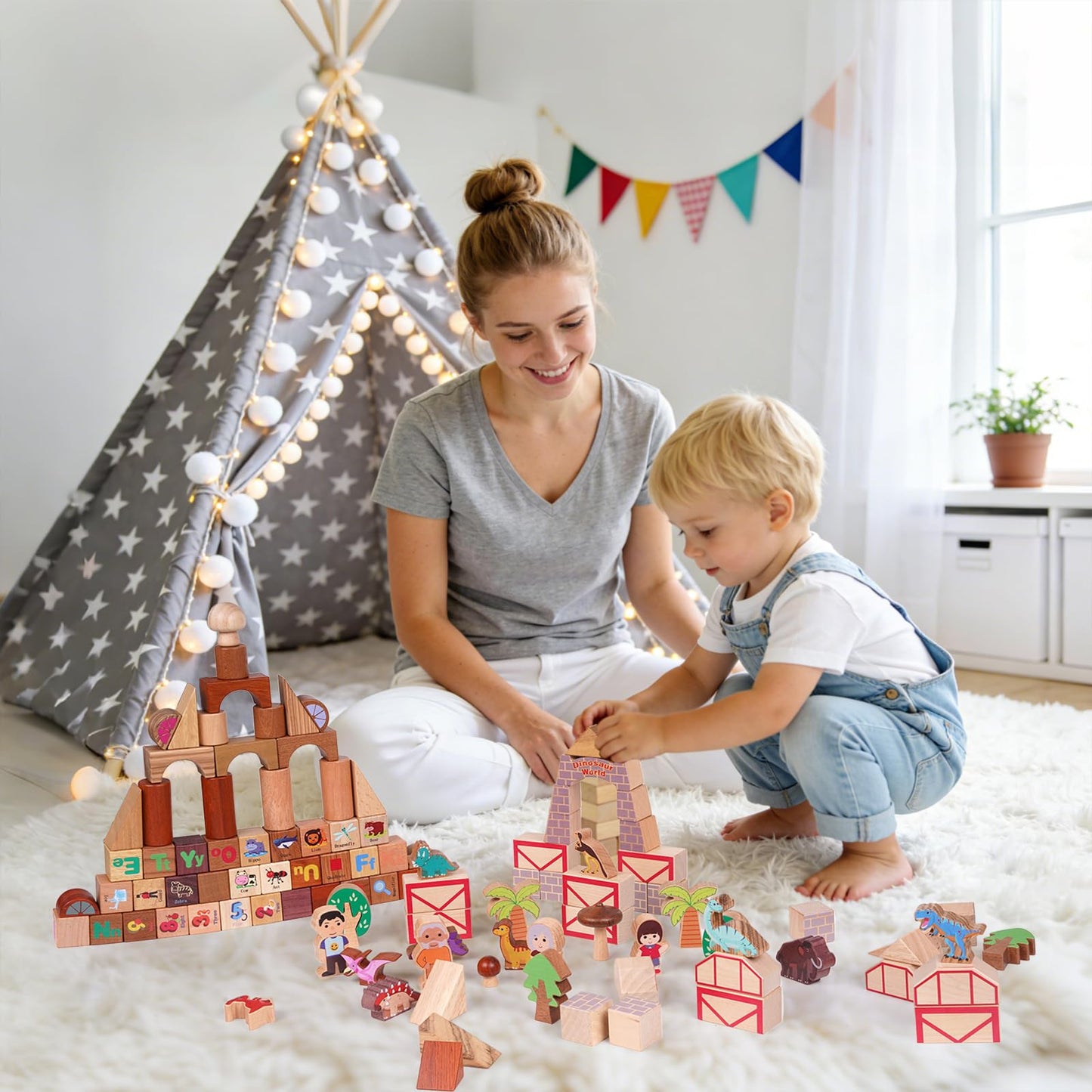 GHOOI 145-Piece Wooden Dinosaur Park Building Blocks Set – Montessori Educational Construction Toy Made from 10 Premium Hardwoods, STEM Learning Blocks for Toddlers & Kids Ages 3–6