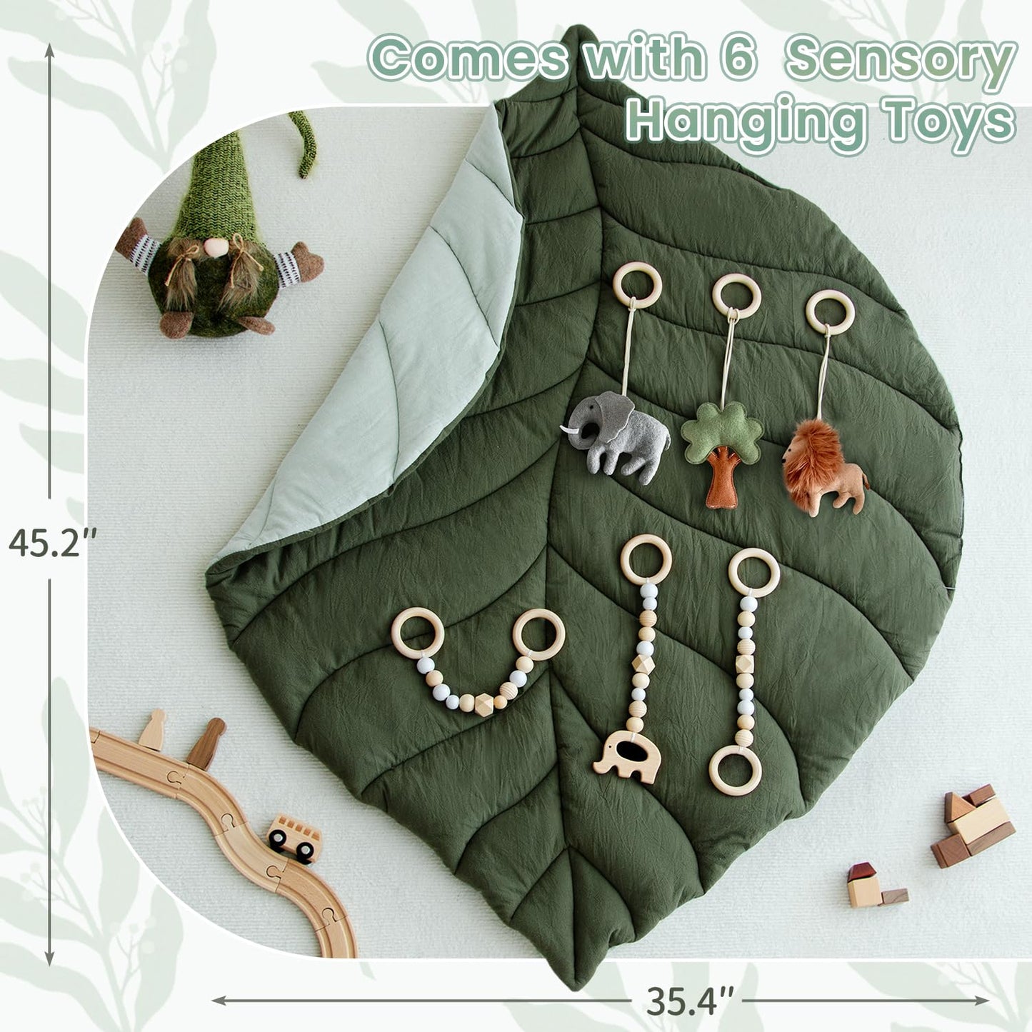 Razee Wooden Baby Play Gym Activity Mat, Leaf Shaped Play Mat Baby Gym with 6 Hanging Sensory Toys Foldable Baby Gym Newborn Infant Baby Use