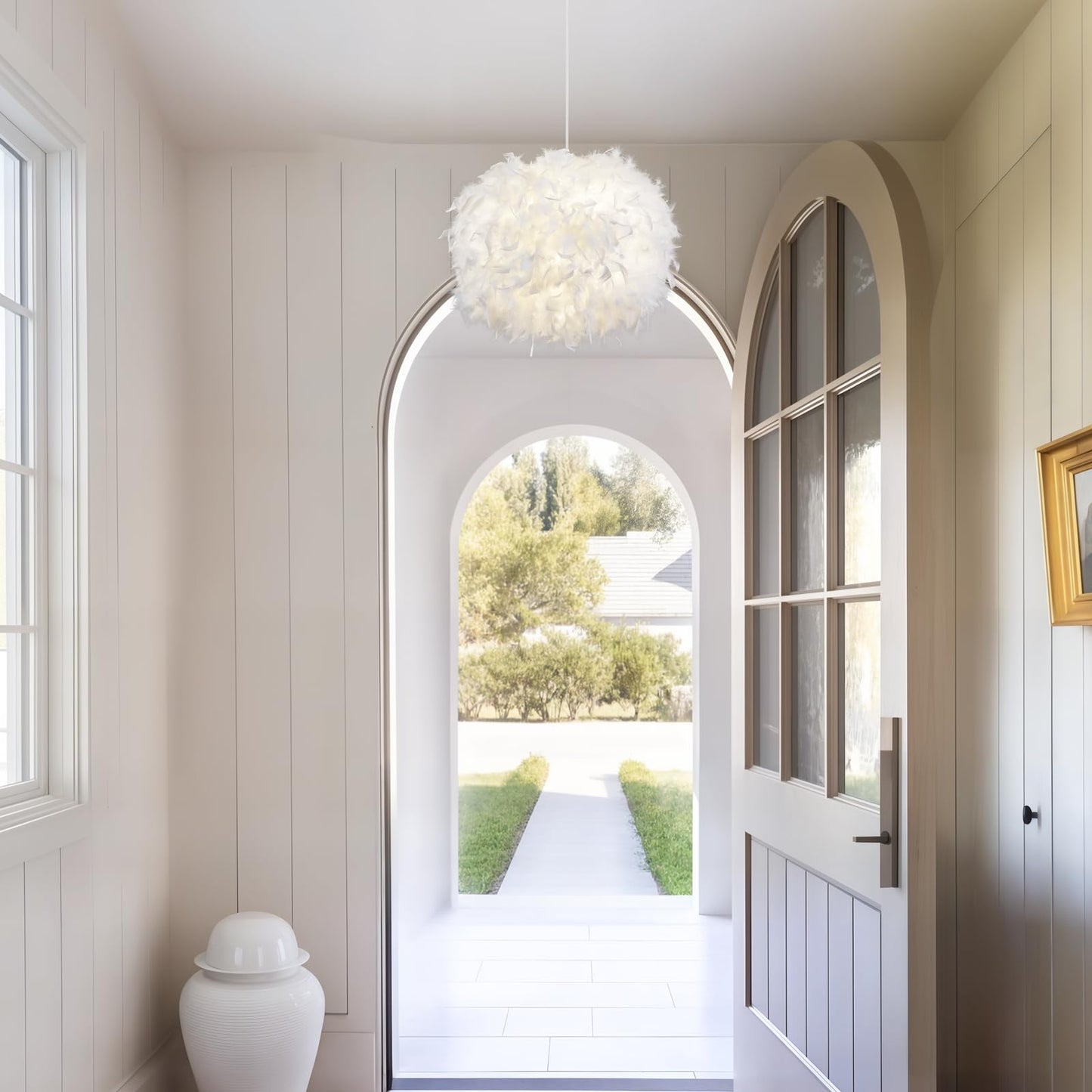 NZV White Feather Light Fixture Bedroom Romantic Feathers Pendant Lights Girls Room Modern Chandelier Mid Century Hanging Ceiling Lighting for Dining Room Kitchen Island Foyer (Diameter 11.8in)