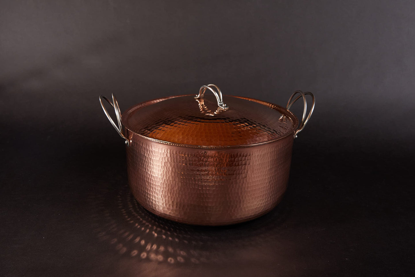 Sertodo Copper Dutch Oven | 12 in Diameter x 6 in Tall| Big and Beautiful | 11.5 Quart Capacity | Patented Stainless Steel Handle System | 100% Solid Copper, Heavy Gauge, Hand Hammered