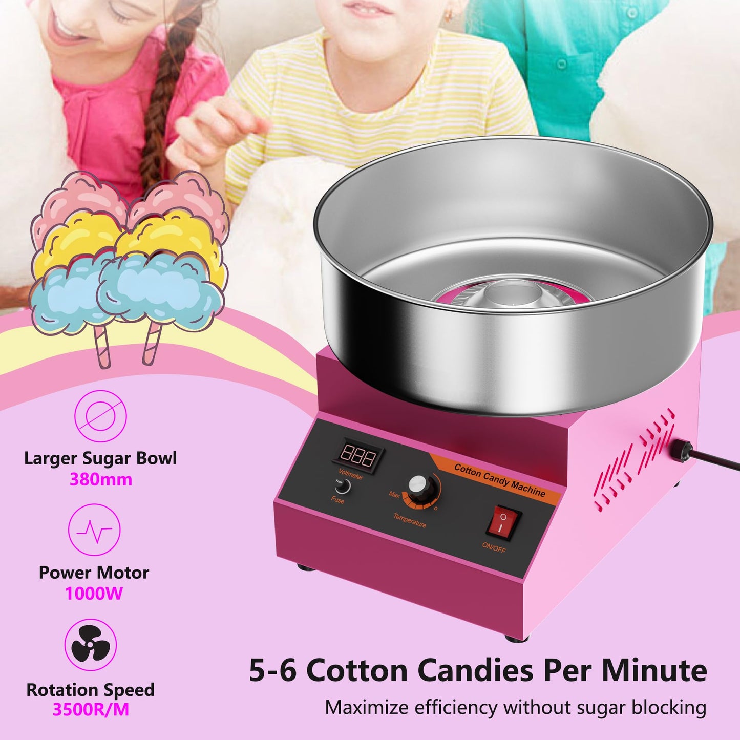Cotton Candy Machine, Cotton Candy Maker for Home & Business, Professional 110V 1000W Cotton Candy Maker, with Stainless Steel Cover & Sugar Scoop, Candy Floss Machine for Home, Party, Carnival