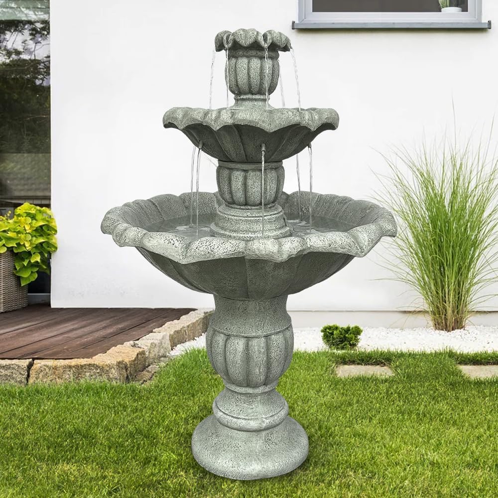 ourrco 39.3” H Outdoor Floor Water Fountain, 3-Tiers Concrete Water Fountain with Submersible Electric Pump - Garden Cascading Waterfall for Yard Patio Lawn Home Decor
