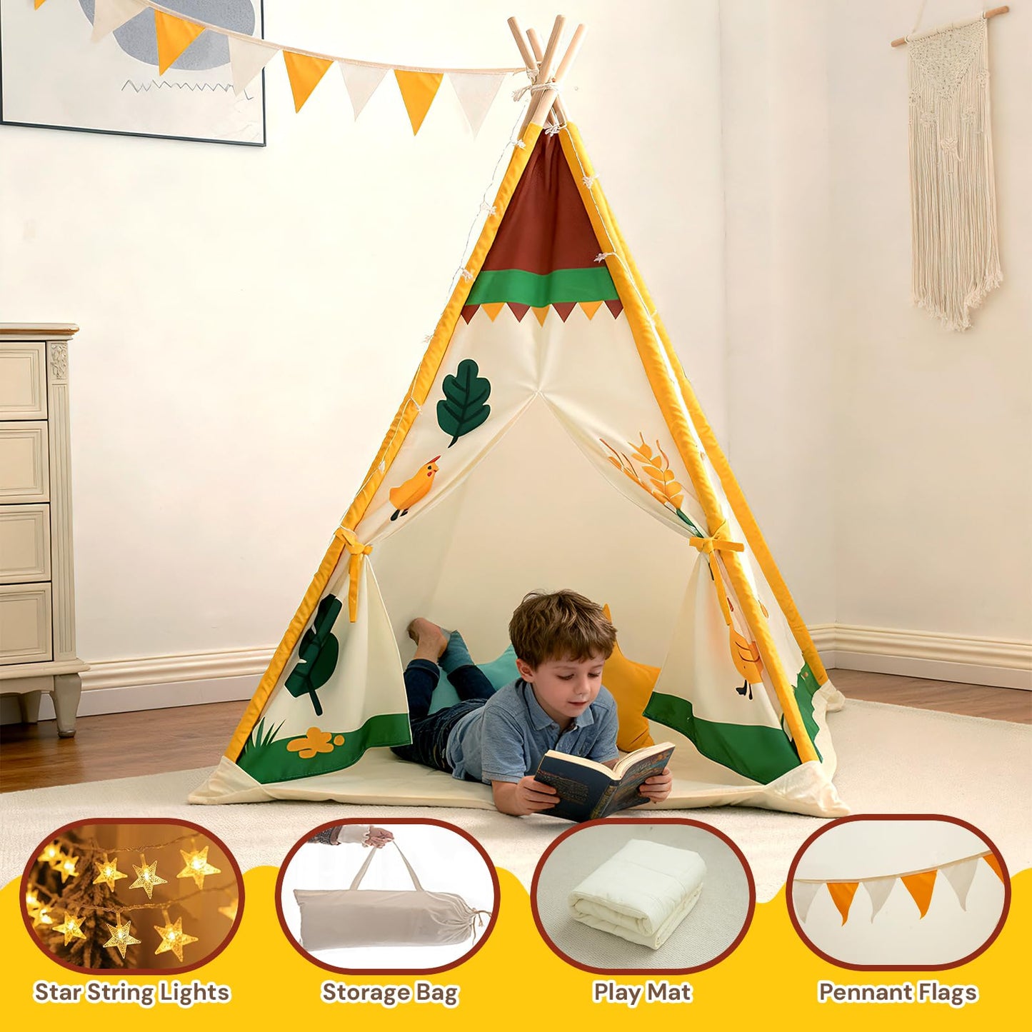 Duwenem Teepee Tent for Kids, Play Tent with Padded Mat & Star Lights, Indoor Play Tent for Girls & Boys, Pastoral Chicken