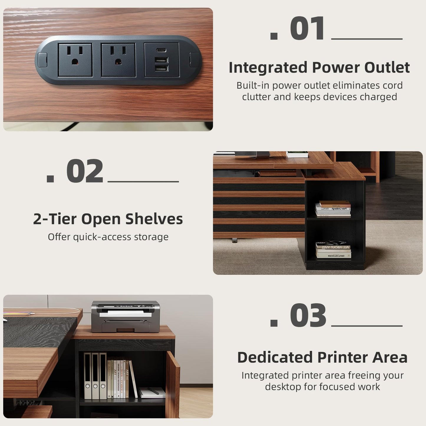 Epecoya L-Shaped Executive Desk with Drawers, 78-Inch Large Home Office Desk with Power Outlet and Lateral File Cabinet, Modern Computer Table with Open Shelf and Storage Cabinet for Home, Brown Black