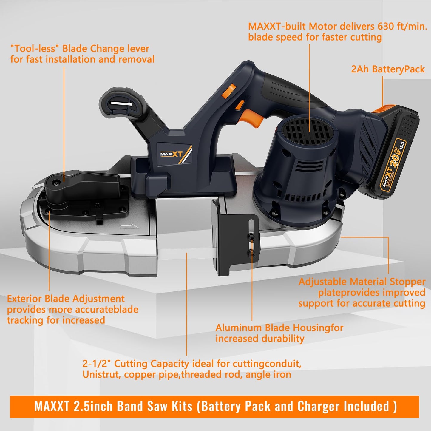 Bandsaw Cordless, MAXXT 2-1/2 inch Brushless Power Metal Bandsaw 20V MAX 2.5" Cutting Capacity 6 Speeds Adjustable, No Hot Sparks When Cutting Metal, Portable BandSaw for Deep Cut