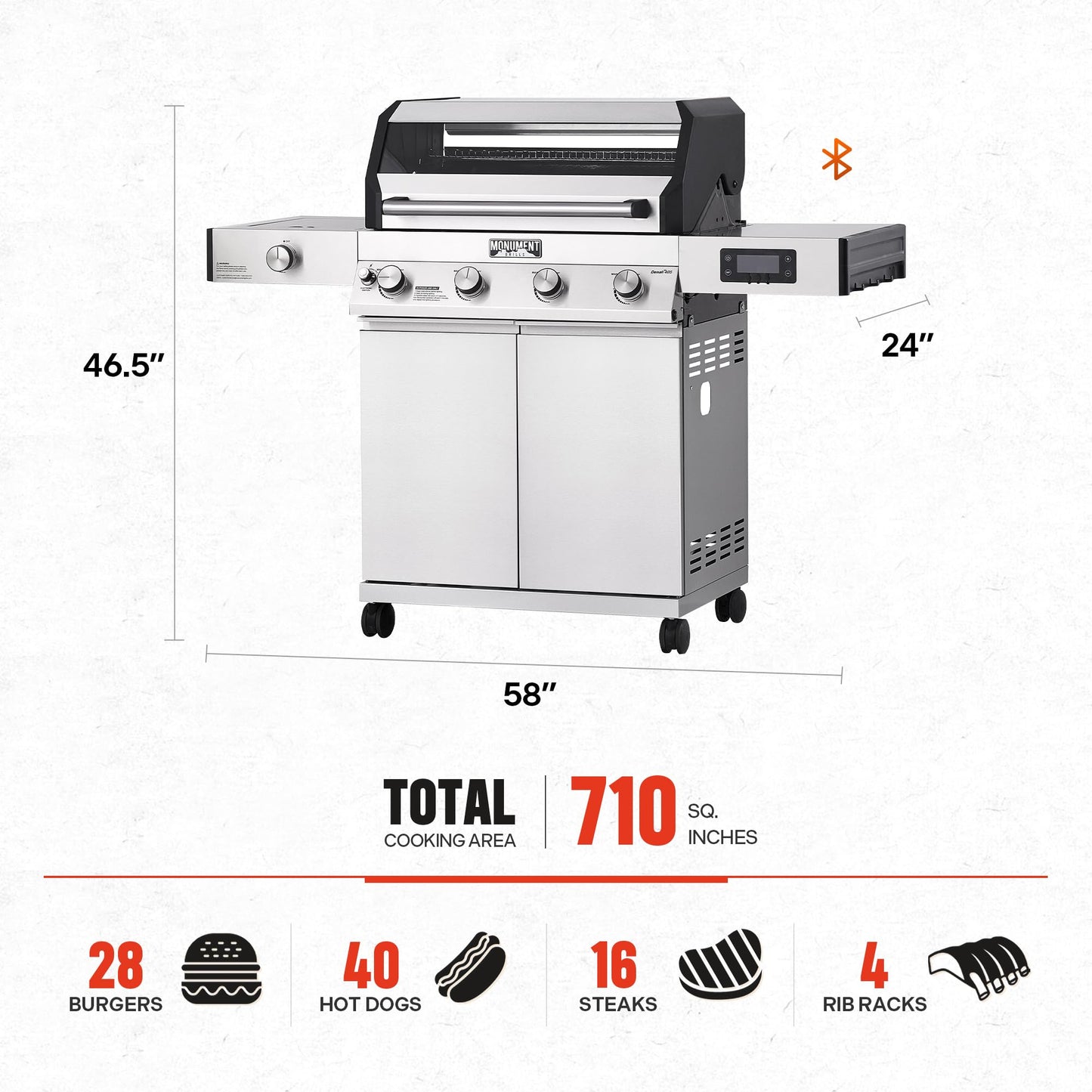 Monument Grills 4+1 Liquid Propane Gas Smart BBQ Grill, 4 Burners & 1 Side Burner, Denali 405 Stainless Steel with Smart technology, Knob Controls, Outdoor Use