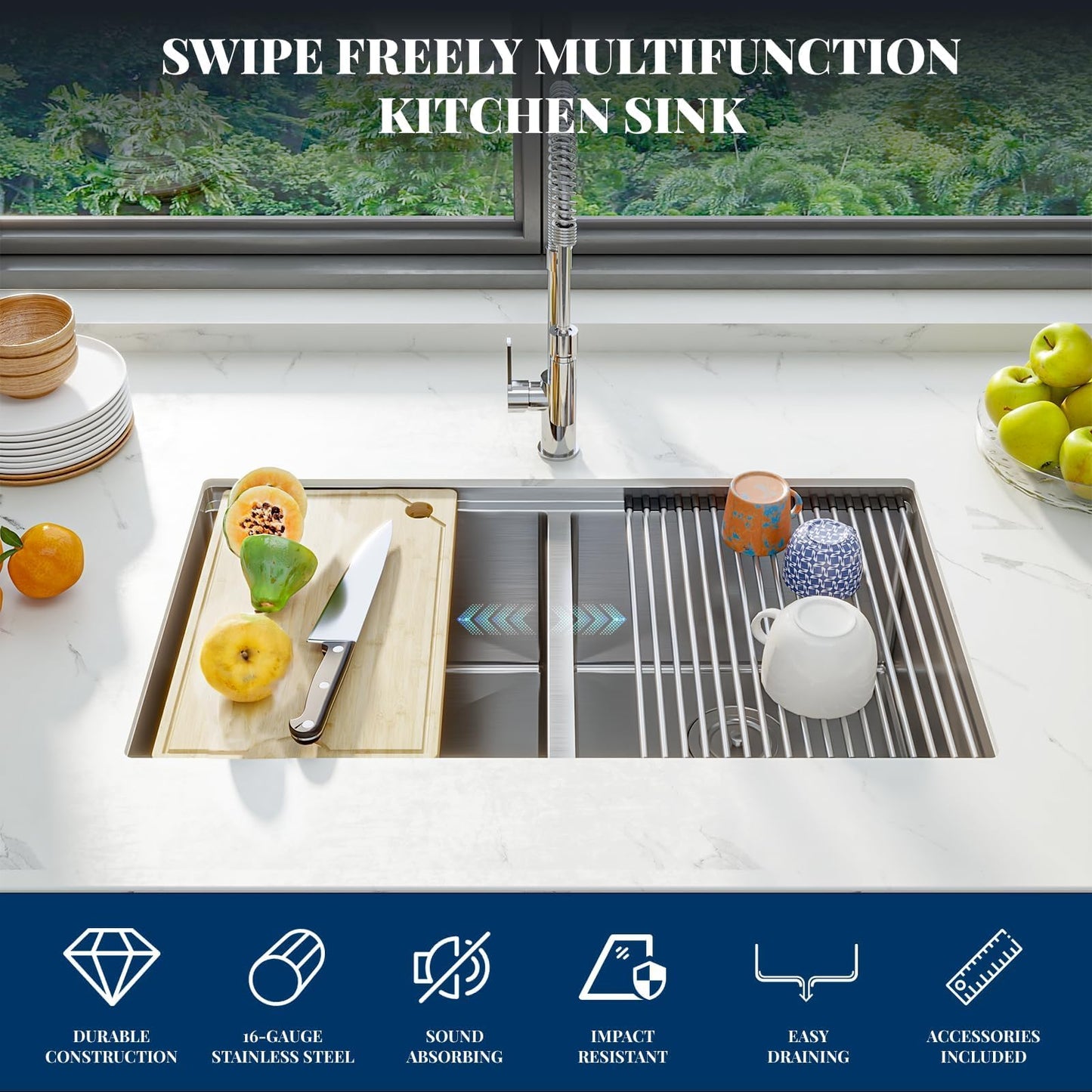 Kitchen Sinks,33×19×10 inch Double Bowl Undermount Workstation Kitchen Sink – 16 Gauge Stainless Steel, Brushed Finish, Deep Basin with Ledge, Bottom Grids & Drain Assembly Included