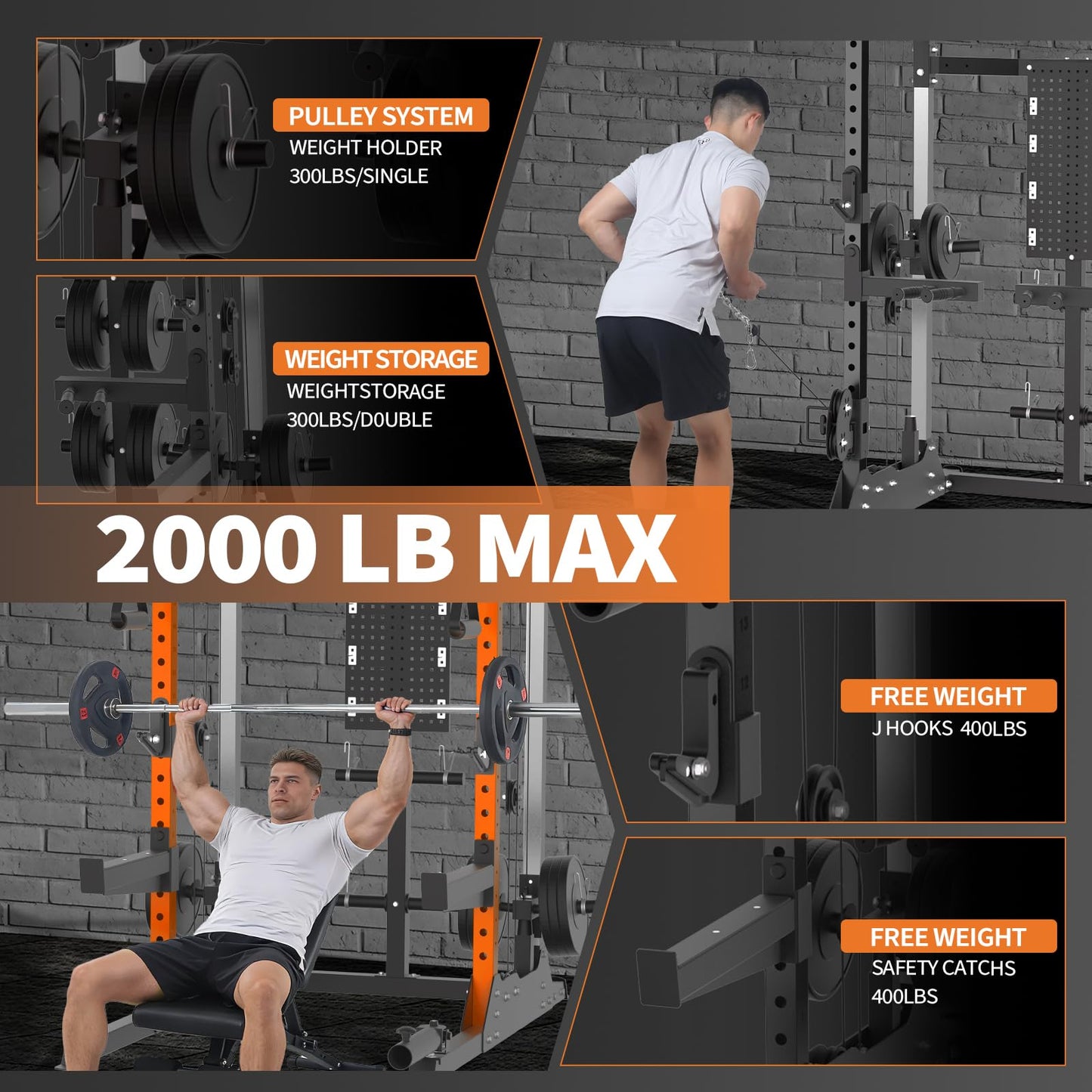 GarveeLife Power Cage, 2000 LB Squat Rack with Dual Pulley Cable Crossover, Multi-Function Home Gym Power Rack with Attachments, Full Body Strength Training Equipment for Home