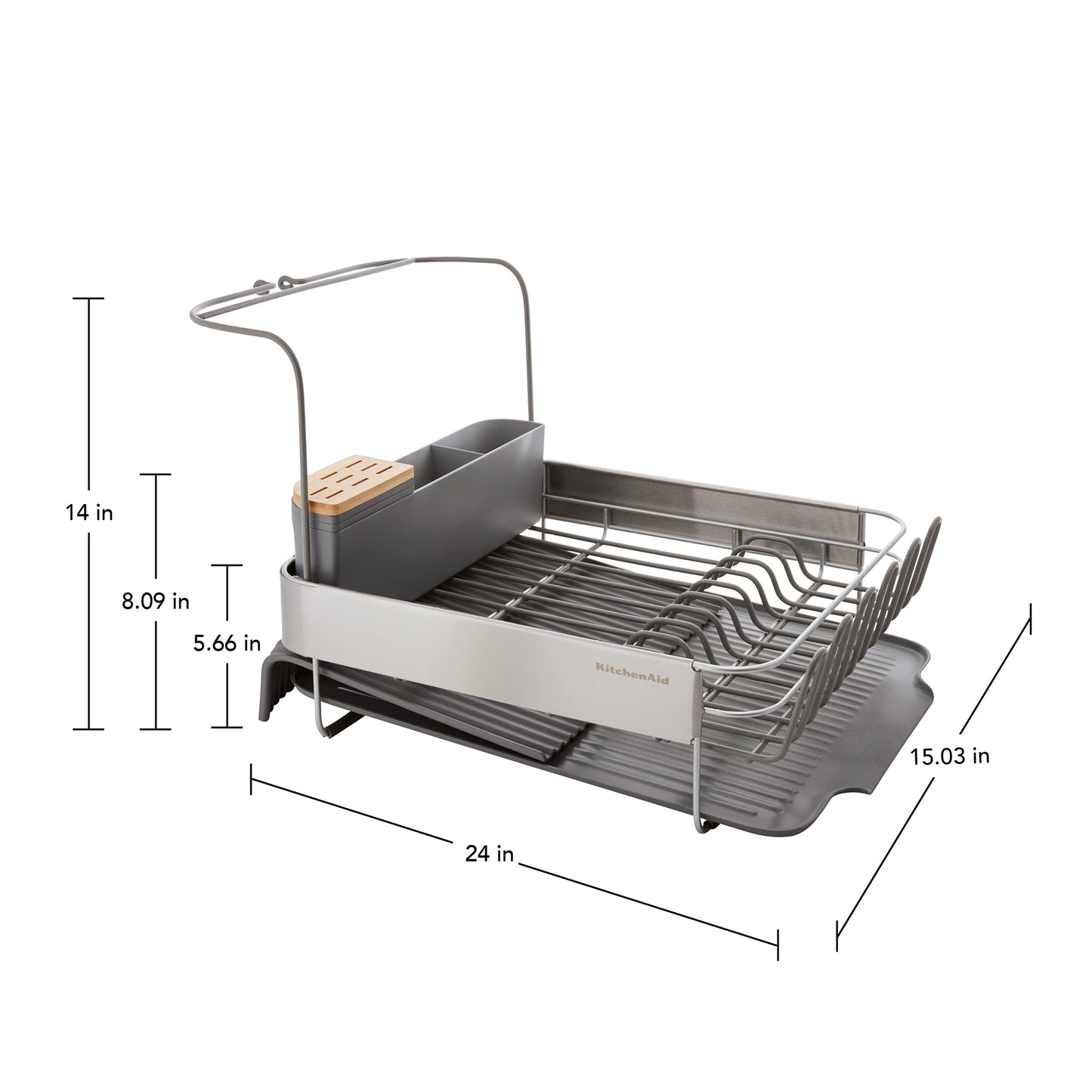KitchenAid Compact to Full Size Expandable, Rust Resistant Satin Coated Dish Rack with Angled Self Draining Drain Board and Removable Flatware Caddy, 24-Inch, Charcoal