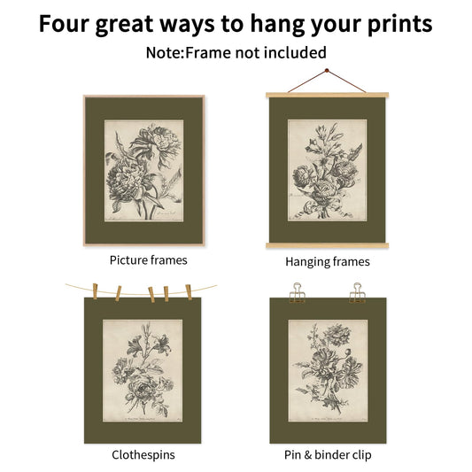 Vintage Floral Wall Art Sketch Flower Prints Antique Botanical Canvas Wall Art Decor Vintage Etchings Floral Poster Green Botanical Painting Sage Green Artwork for Bedroom 12x16x6 Inch Unframed