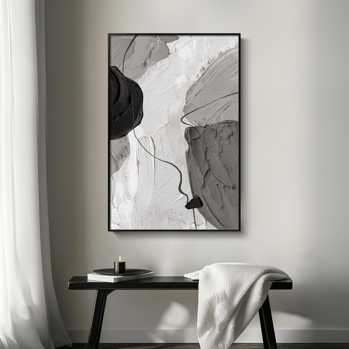 Framed Black and White Abstract Canvas Wall Art, Large Modern Art Prints Paintings Artwork for Walls, Minimalist Gray Pictures for Living Room Bedroom Dining Room Office Bathroom Wall Decor 24x36 In